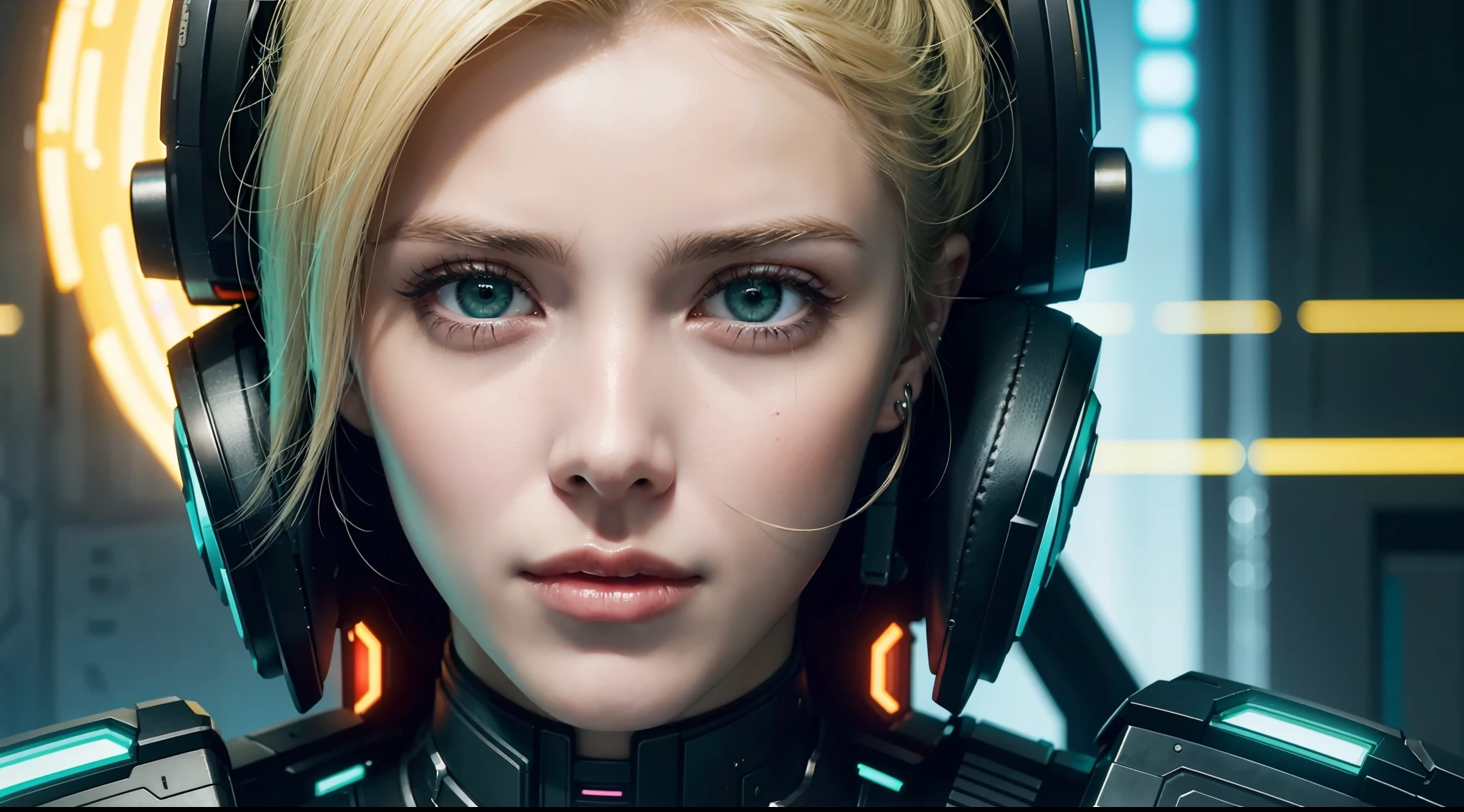 Close-up of cyberpunk gadgets, gears and technological advances, blonde woman, green eyes, vibrant, photorealistic, realistic, dramatic, dark, sharp focus, 8k