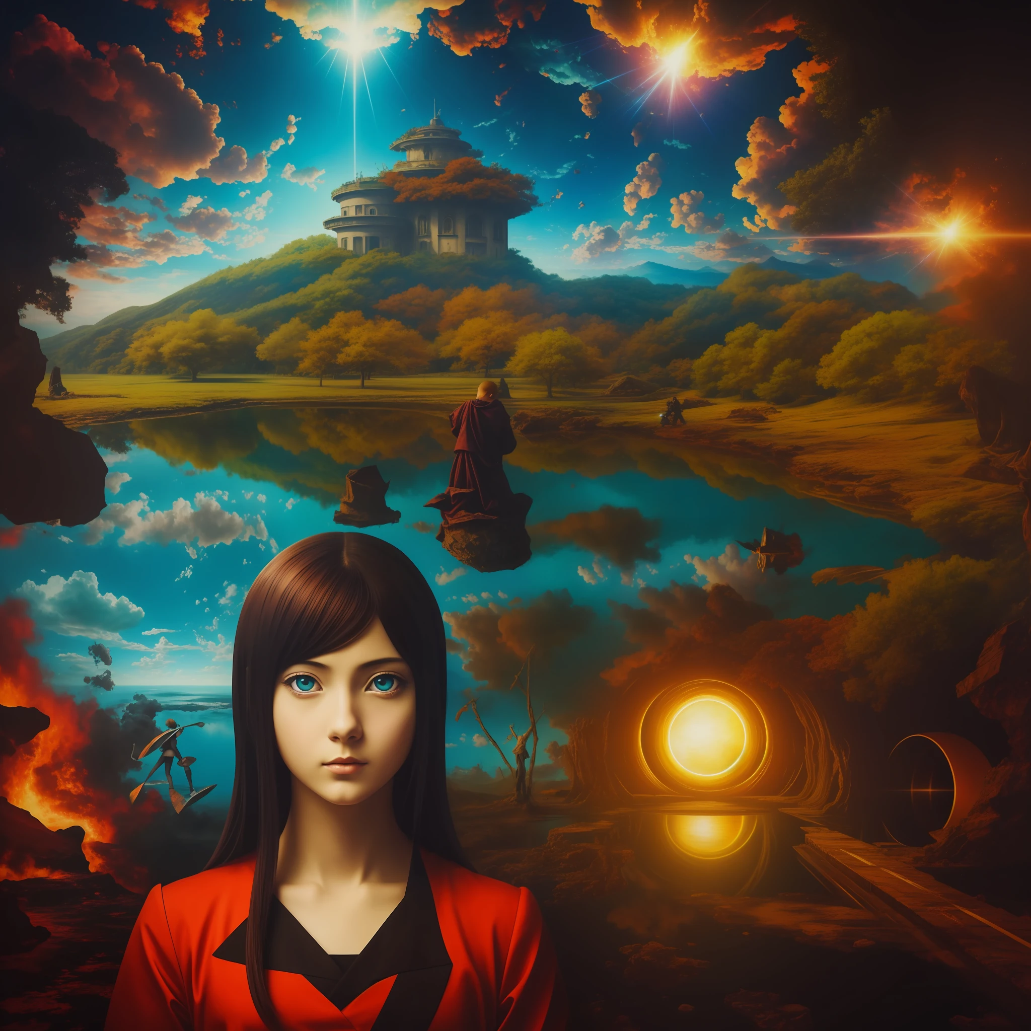 realistic collage anime-painting-photo-film surrealist collage inspired by the works of Raphael,a surrealist composition illustrating modern hell, there are holographic reflections in the background, impression of an image in which the viewer can dive, 8K reflections,kinematic filter, borderless collage