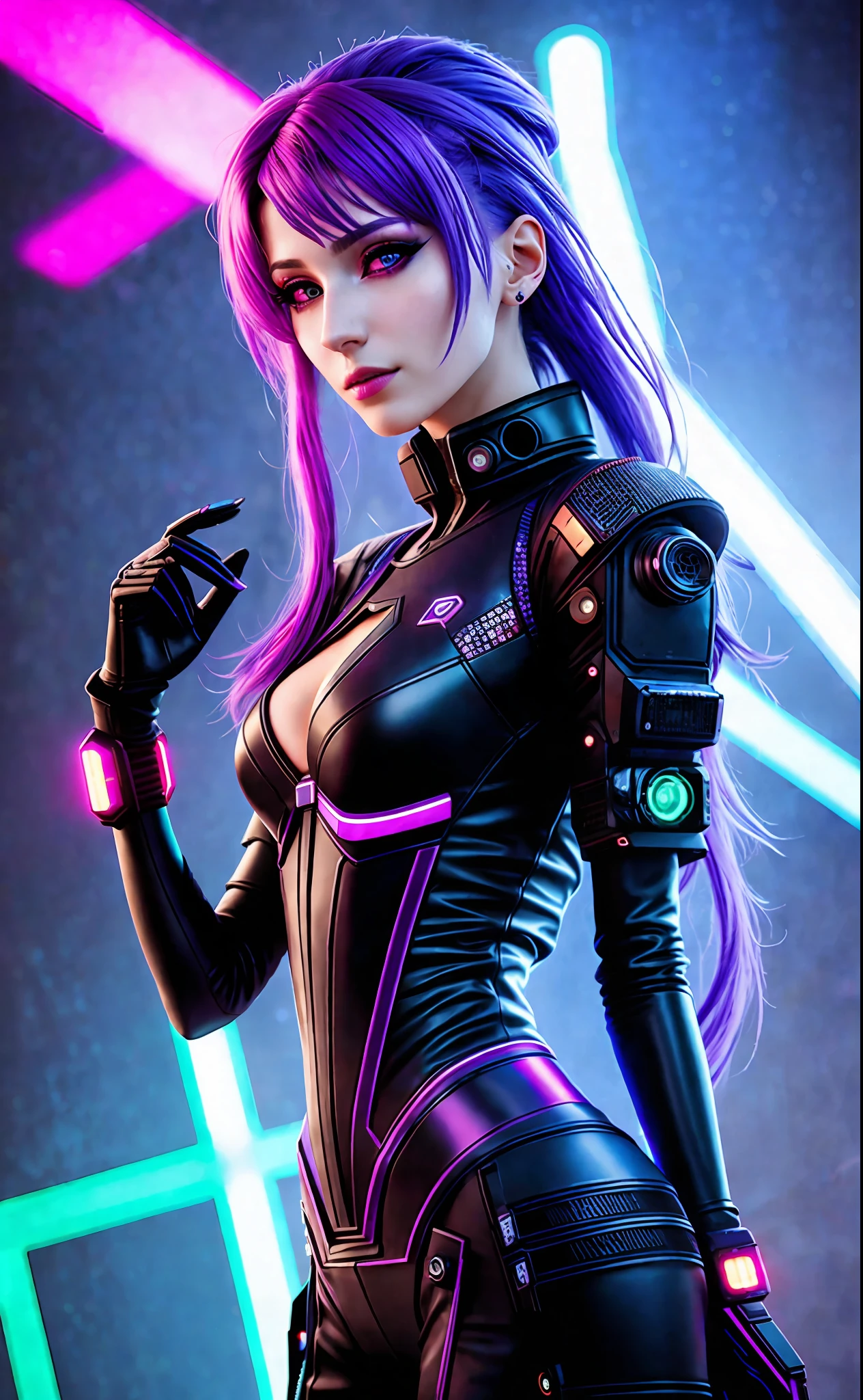Beautiful woman in futuristic clothes with a futuristic face with a tail of purple hair starring in a commercial, Anastasia Ovchinnikova, Marina Fedorovna, photo by Jessica Devic, Sofia Emelenko, Maria Panfilova, Alexandra Valishevskaya, Nadezhda Tikhomirova, Katinka Reinke, Angelina Stroganov, Svetlana Tigay, neon purple hair, ultra-realistic, 8k, perfect body, sculpture, neon lights, Claude Monet, Salvador Dali, cyberpunk art style, thematic art cyberpunk, cyberpunk art style, cyberpunk girl portrait, cyberpunk portrait, cyberpunk bright glow, advanced cyberpunk digital art, cyberpunk style, cyberpunk style color, hyper-realistic cyberpunk style, female cyberpunk, cyberpunk character art, dreamy cyberpunk girl, cyberpunk atmosphere, DSLR camera, fog filter, fantasy scene --chaos 70 --seed 2525252525 --no --Duplicate heads --iw 0 --h 2034 --quality 2 --w 128 --ar 16:9 --version 4 --stylize 2500