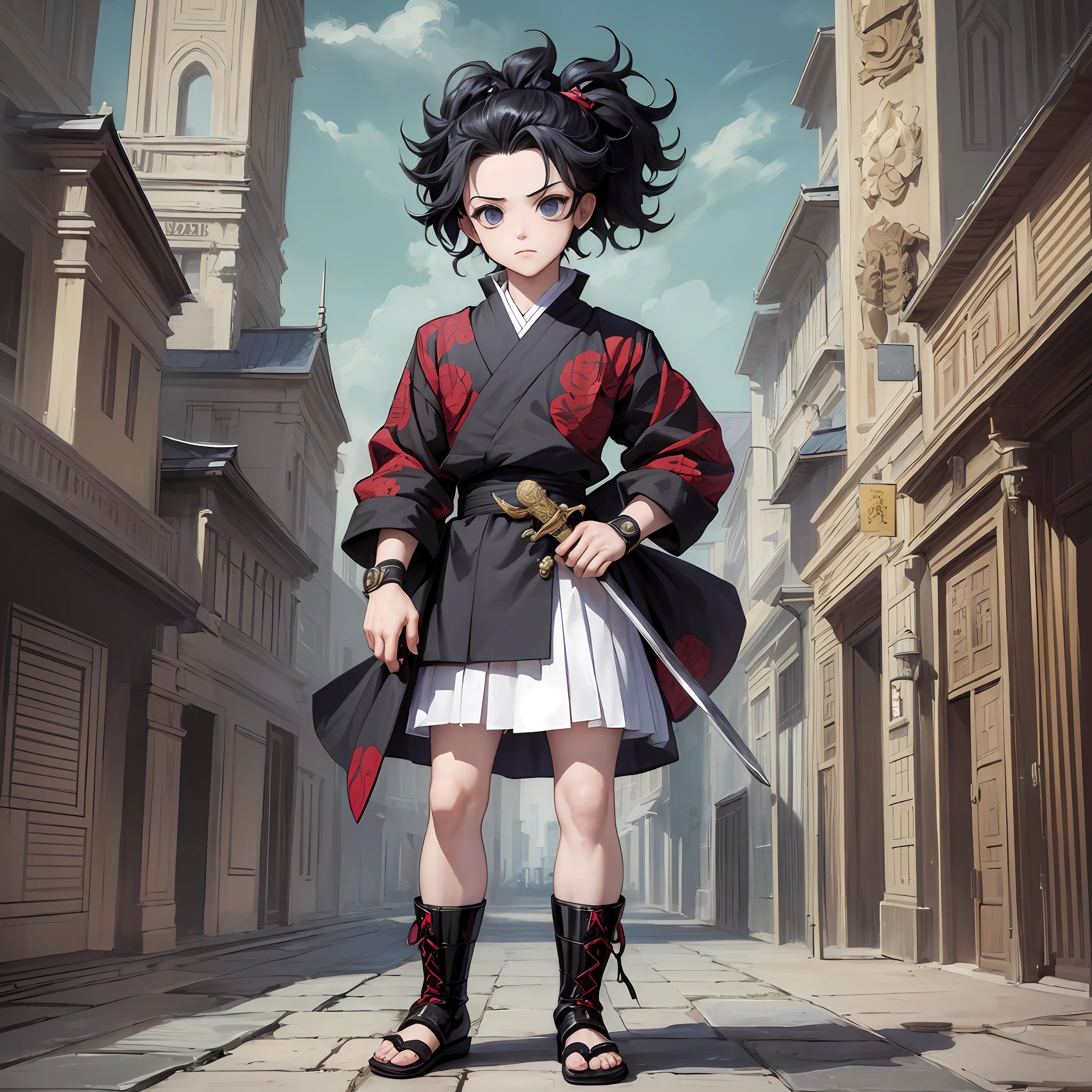 ((masterpiece, best quality)), (complex lighting), solo, full body, 1boy, tanjiro kamado, kimetsu no yaiba, manga style, chibi, hands with sword --auto --s2