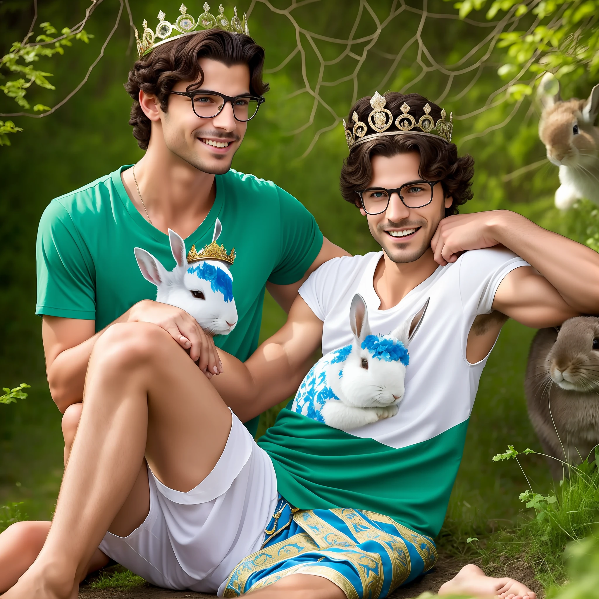 Two 25-year-old princes are in the photo holding hands, different nationality. Brazilian Prince 1 - Moreno, Brazilian, dark hair, green eyes, healed abdomen, wears croped, wears a small male crown, bites his lips. Prince 2 Danish - Blonde from Denmark, blue eyes, wears a T-shirt with a rabbit design, is shorter, wears a small prince's crown, is smiling, wears glasses. In the background a castle. They wear shorts and are barefoot. --auto --s2