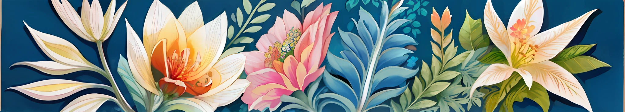 there are four different colored flowers on a blue background, fantasy flowers and leaves, floral motives, flowers with intricate detail, artistic illustration, stylised illustration, intricate plants, digital painting | intricate, watercolor artwork of exotic, detailed beautiful plants, botanical artwork, detailed gouache paintings, surreal waiizi flowers, blue and pink colors, blooming tropical flowers, tropical flowers