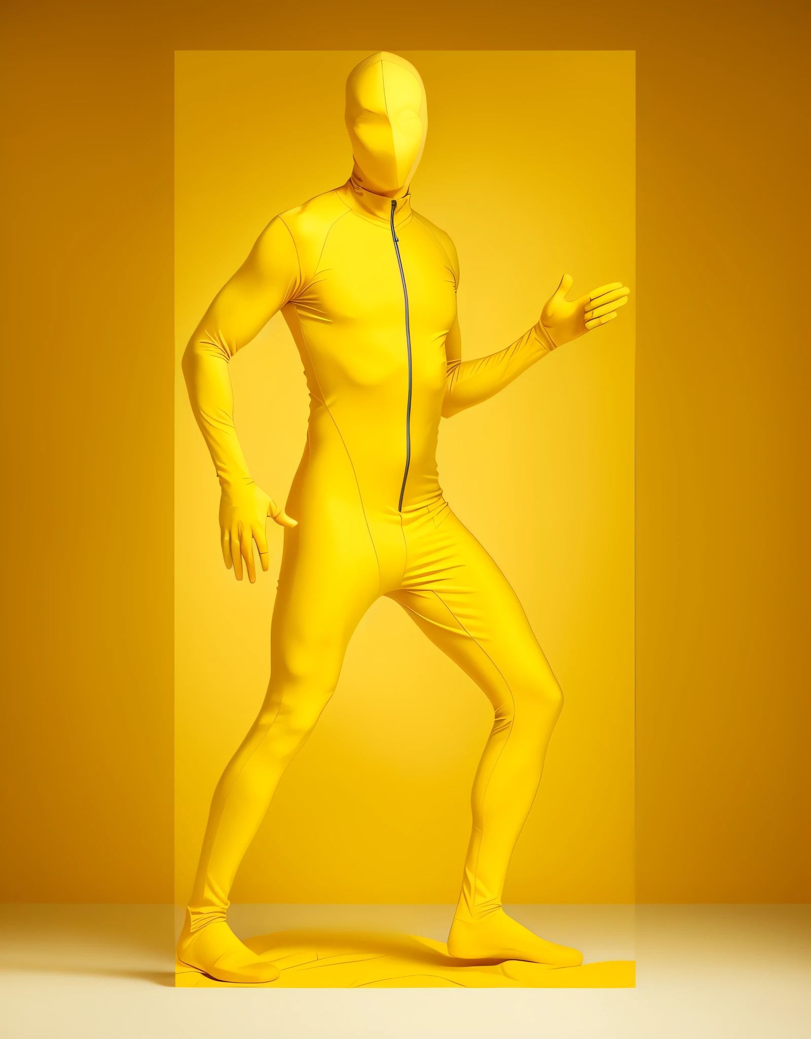 yellow man in a yellow bodysuit with a knife in his hand, zentai suit, fullbodysuit, yellow x-man costume, lycra costume, skintight suits, yellow skin, tight full body suit, yellow space suit, mono-yellow, in spandex suit, yellow overall, orange and yellow costume, orange body, elegant yellow skin, with yellow cloths