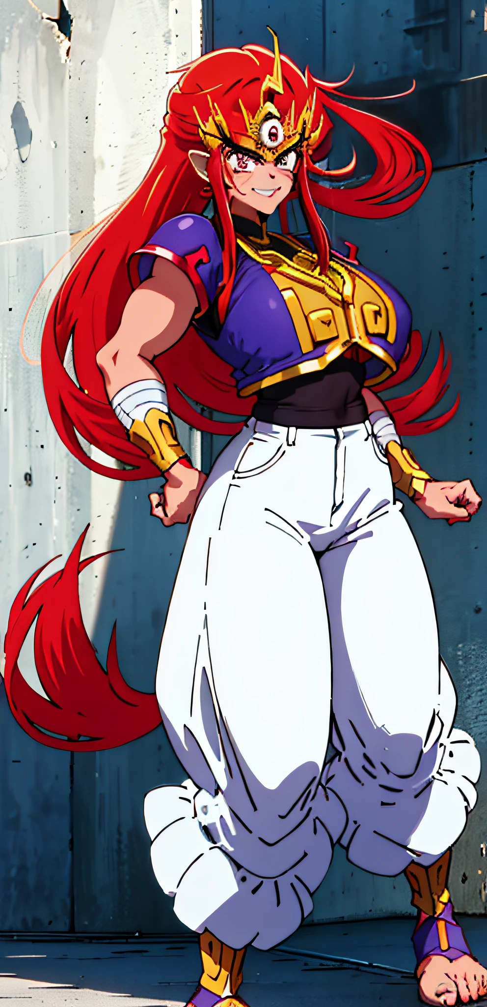 zenki(cute smile:1.2) , c twinbraids, tall female, curvy, huge breast, musclegirl, walking forest, pants, vest, smug, red hair