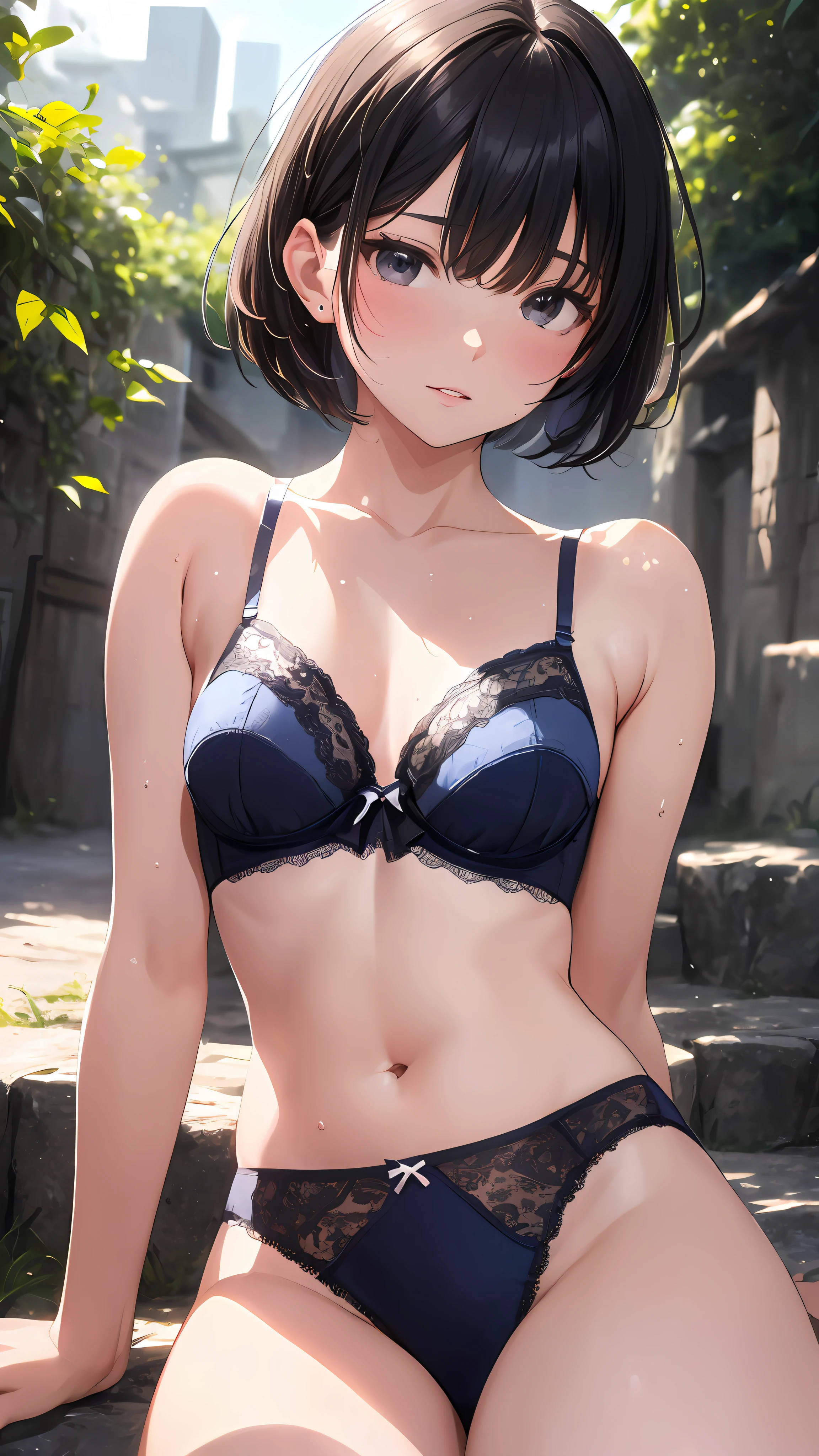 Realistic, hyper detail, girl alone, mini skirt, short hair, dynamic lighting, (shiny skin, sweaty: 1.5), masterpiece, best quality, absurdity, looking viewer, black hair, black eyes, hairpin, slender, high resolution, sharp focus, depth of field, detailed eyes, sharp eyes, realistic eyes, (small: 1.5), (thick thighs: 1.0), outdoor, blue sky, summer, ((Mekosuji: 1.2)),((Attractive delicate design lace underwear:1.3))