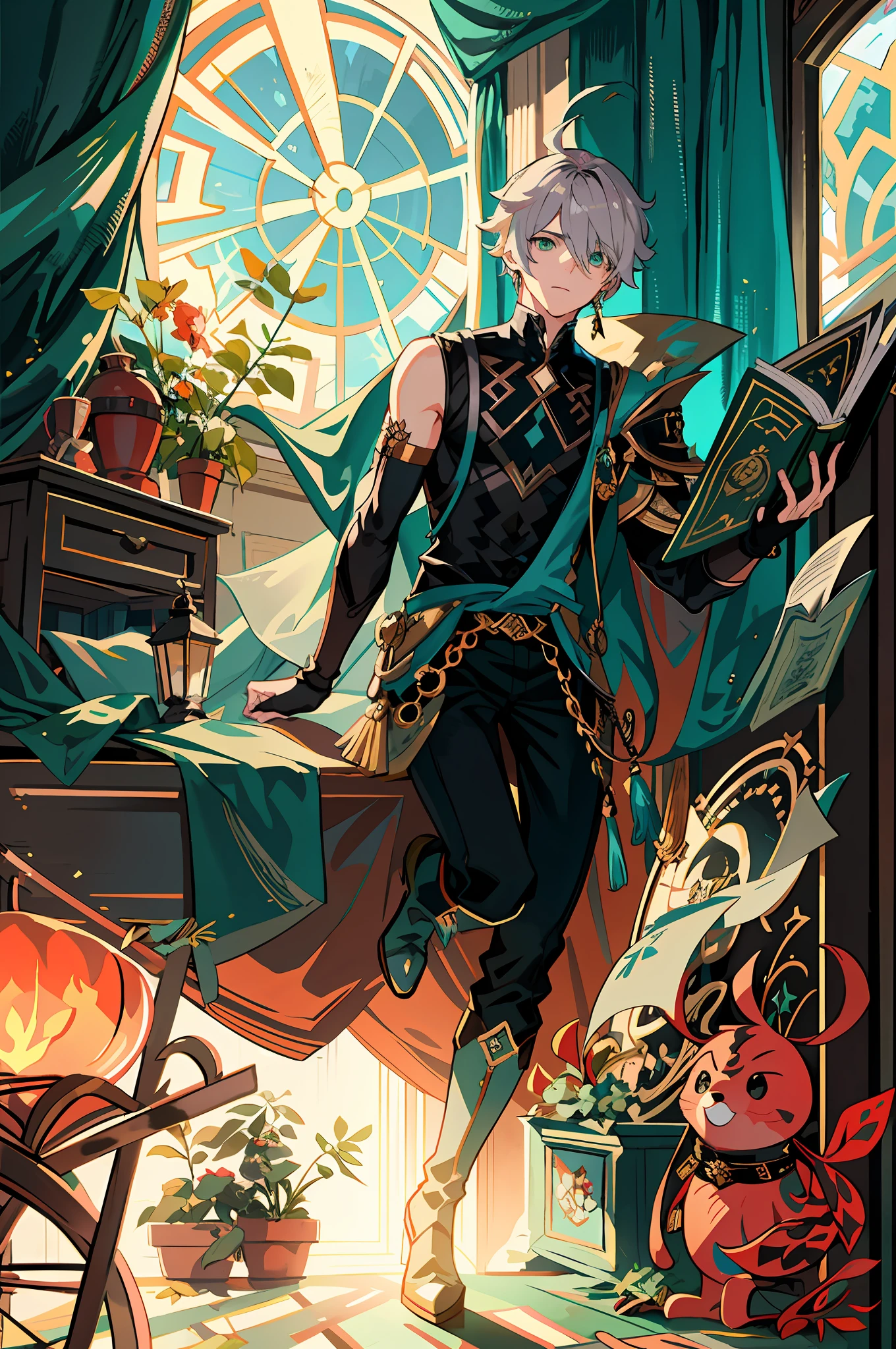 masterpiece, best quality,alhaitham\(genshin impact\), 1boy, male focus, window, book, shirt, solo, gloves, sleeveless shirt, sitting, grey hair, green eyes, sleeveless, holding, ahoge, curtains, holding book, black shirt, open book, bangs, hair over one eye, black gloves, indoors, fingerless gloves, black pants, pants, swept bangs, boots, bare shoulders, short hair, blurry, knee up, elbow gloves,(kbxll:0.6)