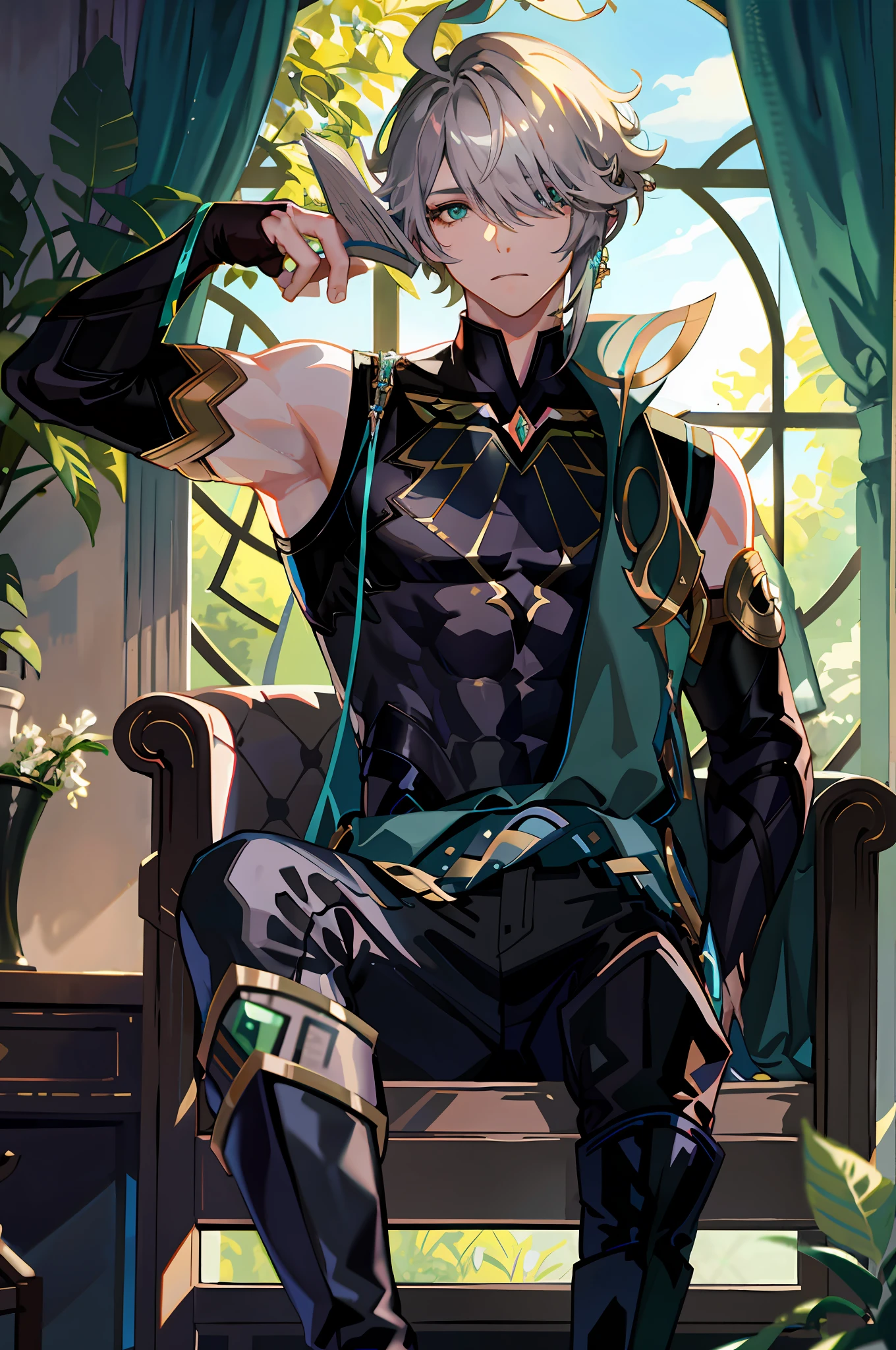 masterpiece, best quality,alhaitham\(genshin impact\), 1boy, male focus, window, book, shirt, solo, gloves, sleeveless shirt, sitting, grey hair, green eyes, sleeveless, holding, ahoge, curtains, holding book, black shirt, open book, bangs, hair over one eye, black gloves, indoors, fingerless gloves, black pants, pants, swept bangs, boots, bare shoulders, short hair, blurry, knee up, elbow gloves,(kbxll:0.6), detailed, focus on face, accurate face