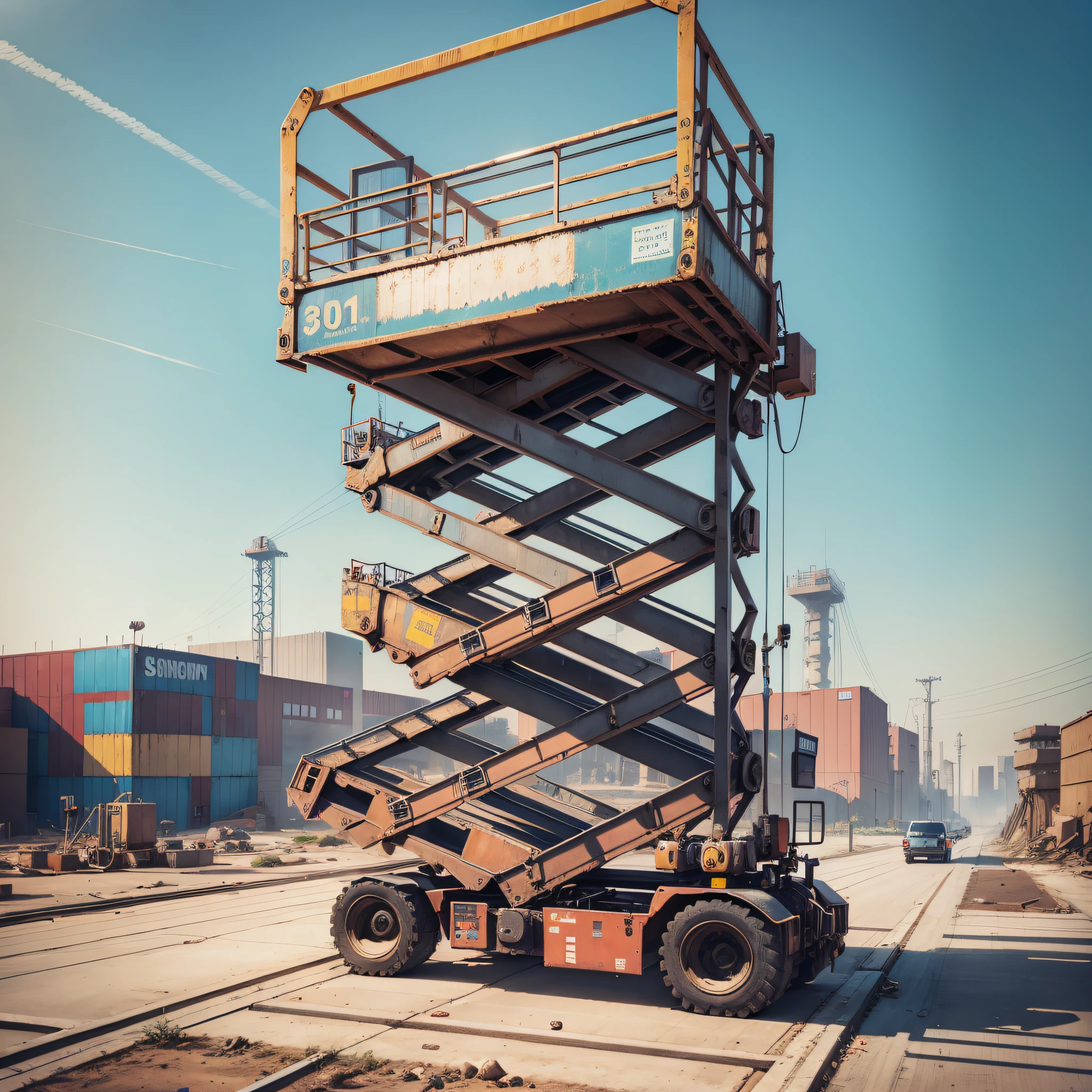 A scissor lifts in an industrial zone operated by a pilot --auto --s2