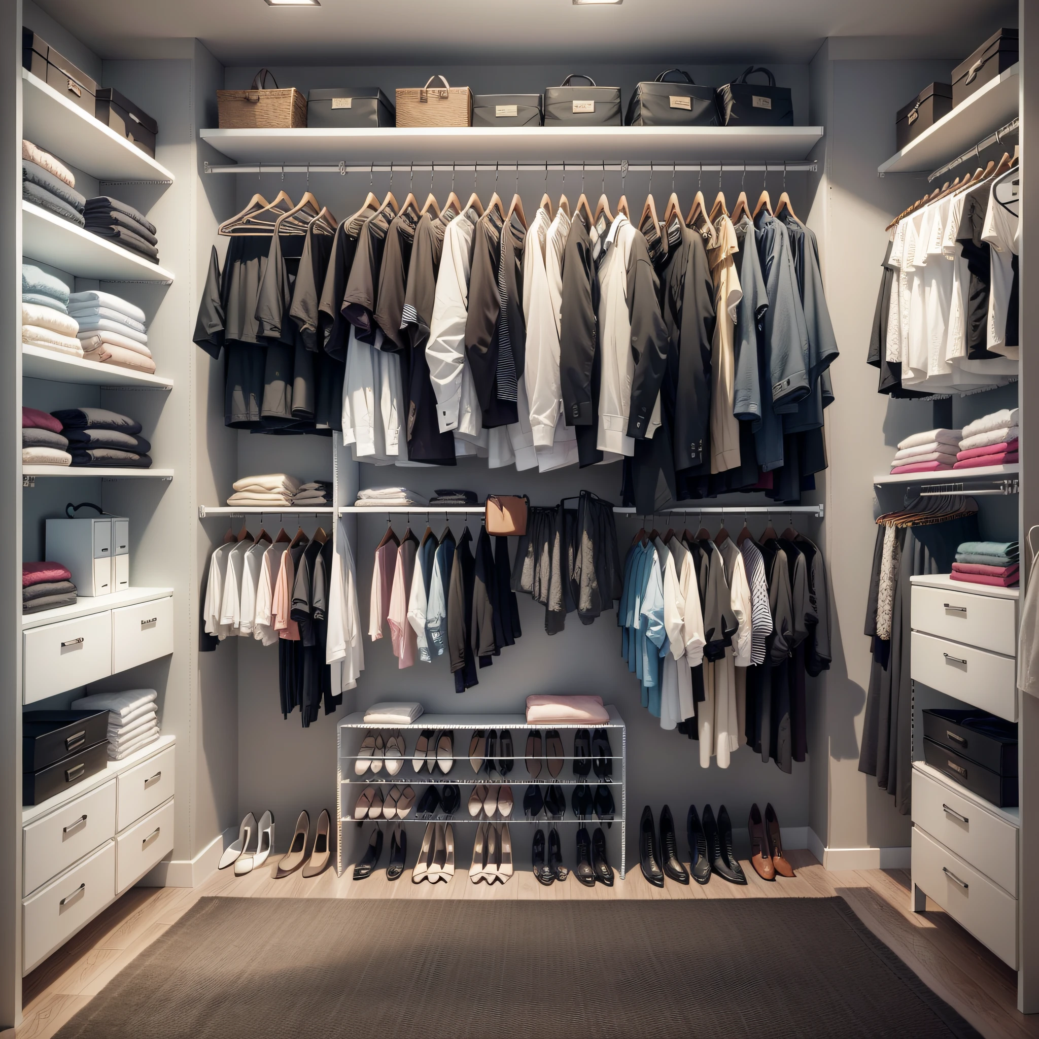 closet 2 meters long 2 meters high, modern. 5 shelves, black hangers, 8 drawers closed and 2 drawers open, dresses and clothes organized.
Realistic image of the personal: Brunette, 35 years old, straight hair like hair, social clothes, smiling. folding clothes.
Items to organize: Specify the types of items that you would like the personal organizer to be organizing in the closet. This can include clothing, footwear, accessories, handbags, among others. If there's a specific item you want to highlight, mention it.
clothes hung by color, folded one by one, arranged according to categories.
Lighting and shadows: natural or artificial light, shadows are portrayed realistically.
Style and finish: more realistic image style, with minute details. Black and white finish with soft colors
Look here for photos of closets https://www.madeiramadeira.com.br/modulo-closet-com-espelho-2-portas-clothes-be-mobiliario-801760.html?origem=pla-801760&utm_source=google&utm_medium=cpc&utm_content=modulos-para-closets-5103&utm_term=&utm_id=19160779354&gclid=CjwKCAjw-b-kBhB-EiwA4fvKrAv1SgjvIniQeR4aaXZ3olJ-mgOQ01JDysvzBWrZInOb0qN2iR1bZxoChZ8QAvD_BwE