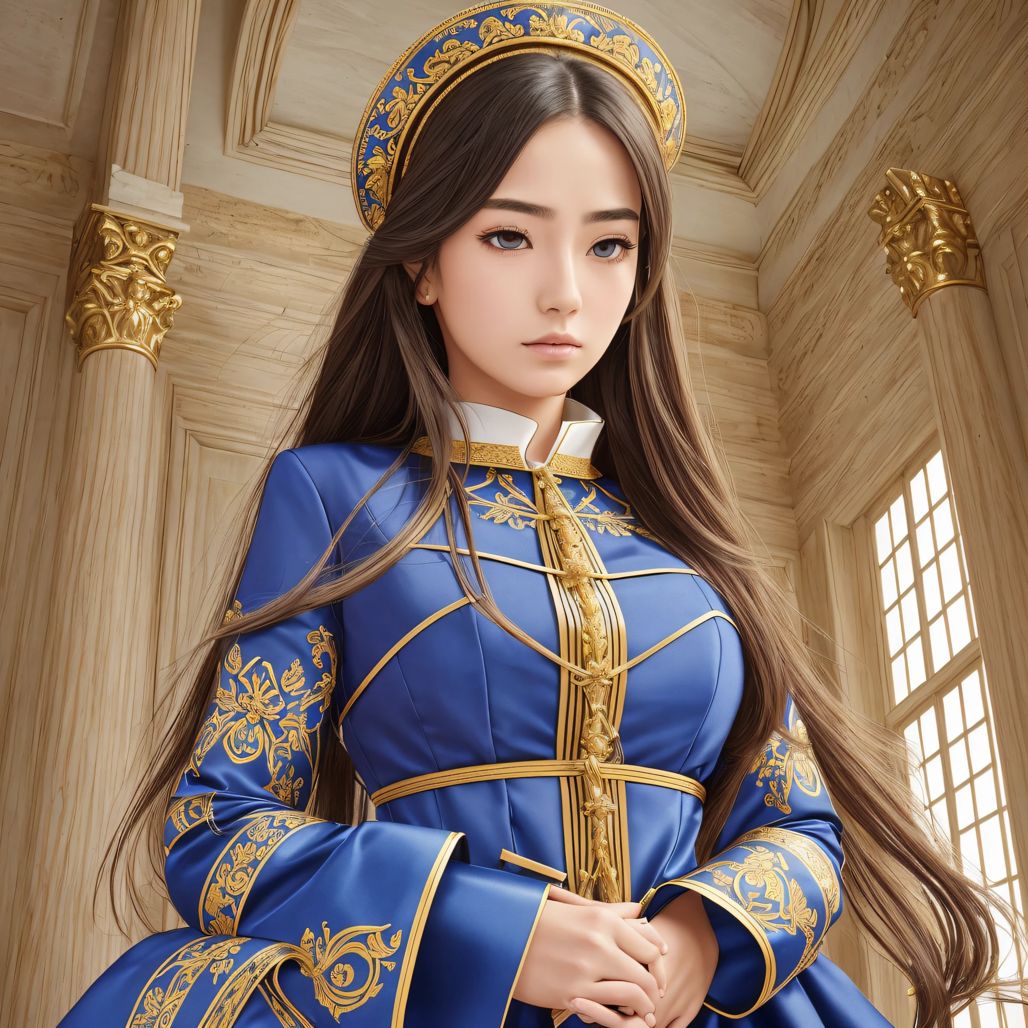 All four,((Shibari)),(((Fully tied)))),Contained,((Highest quality, 8k, masterpiece: 1.3)))), Sharp focus: 1.2, Beautiful woman with perfect figure: 1.4, Abs: 1.2, ((Layered cut, large: 1.2)): 1.5, Highly detailed face and skin texture, Detailed eyes, Double eyelids, Long hair, Collar, Bottom, Irritated, Traditional blue dress with gold details demure clothes, Dress without necklines and slits priest's clothing --auto --s2