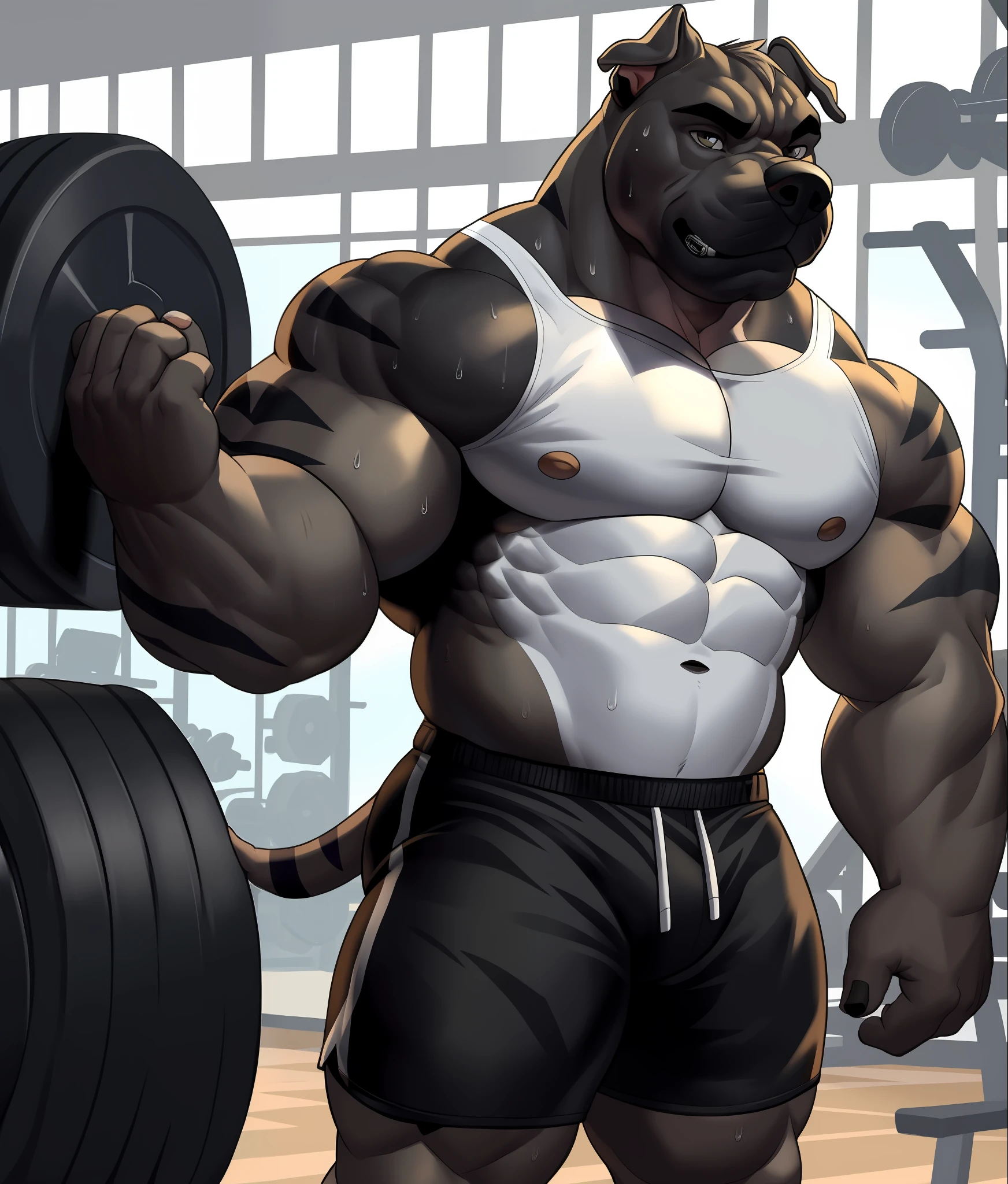 solo, anthro (cane Corso, mastiff, pit bull), full body ears of varying colors, white belly, detailed eyes, workout t-shirt, Gym,: 1.6, sweat, heavy breathing: 1.5, correct hand, correct anatomy, biceps, (muscular) veins by the body little volume of the private parts (black shorts with stripes, Headset, pattern: 1.2), Gym background, 8k hd, dark shadows.