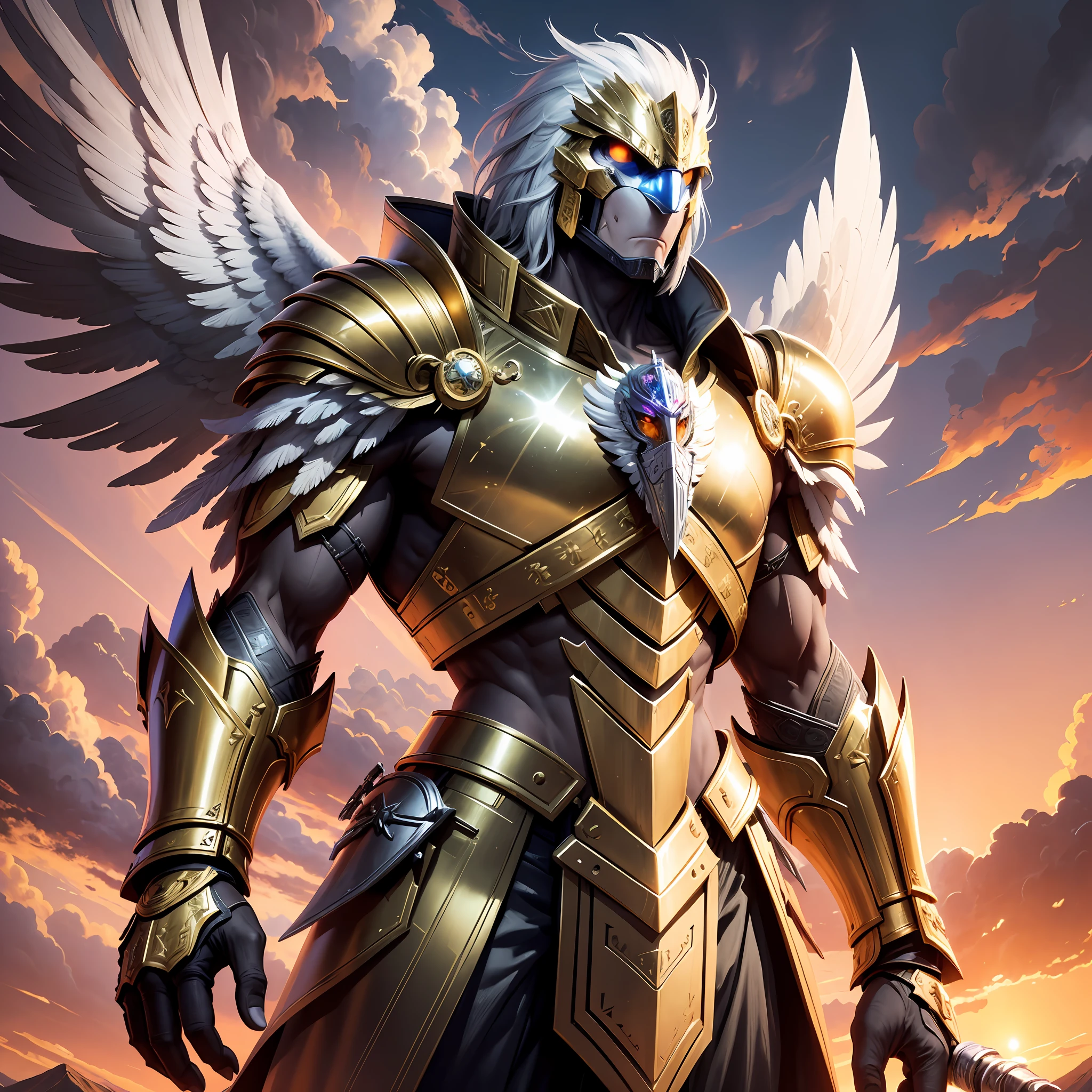 Humanoid eagle wearing a golden battle armor, with a silver blade in his right hand, in an epic cartoon-style setting, with white clouds, a gorgeous sunset and hills in the background. --auto --s2