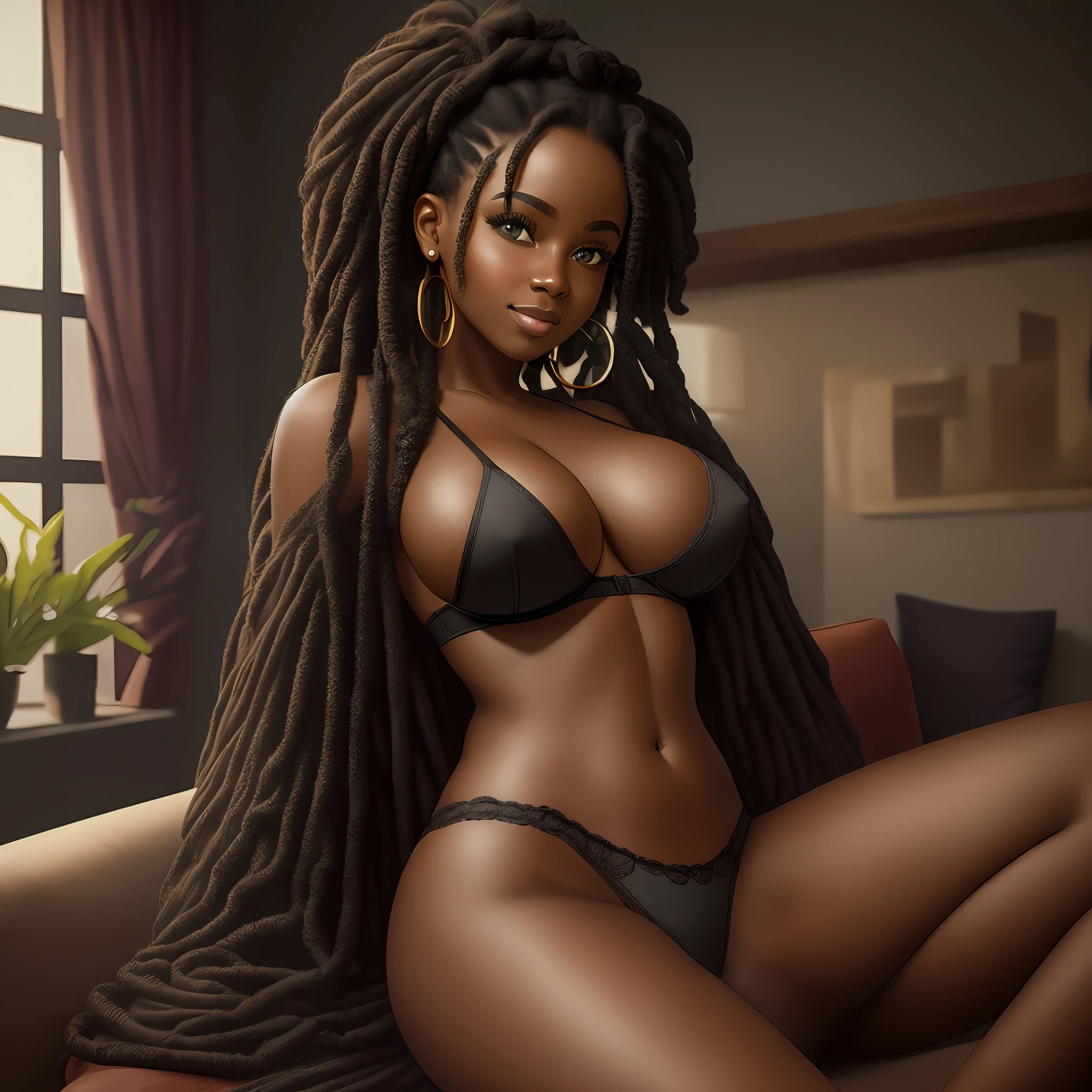 photo woman, hyperrealistic dark black, in a living room, on a black leather sofa with a window in the background, afro woman, 20 years old, big eyes, green eyes, braids in hair, no clothes, dynamic pose, best quality, sitting in chair, open leg, super sensual, big hip, big breasts, thong panties, super small bra, pajamas, defined parts, showing, smiling