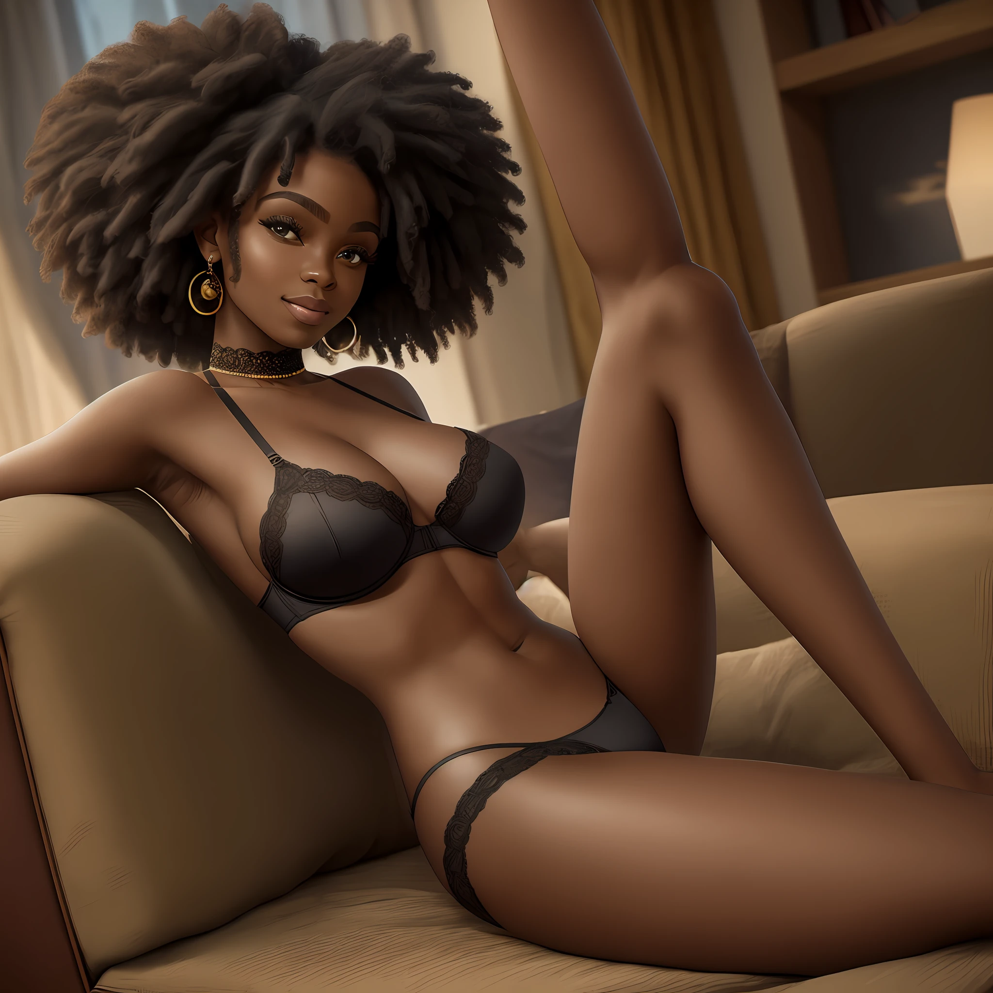 photo woman, hyperrealistic dark black, in a living room, on a black leather sofa with a window in the background, afro woman, 20 years old, big eyes, green eyes, braids in hair, no clothes, dynamic pose, best quality, sitting in chair, open leg, super sensual, big hip, big breasts, thong panties, super small bra, pajamas,  defined parts, showing, smiling