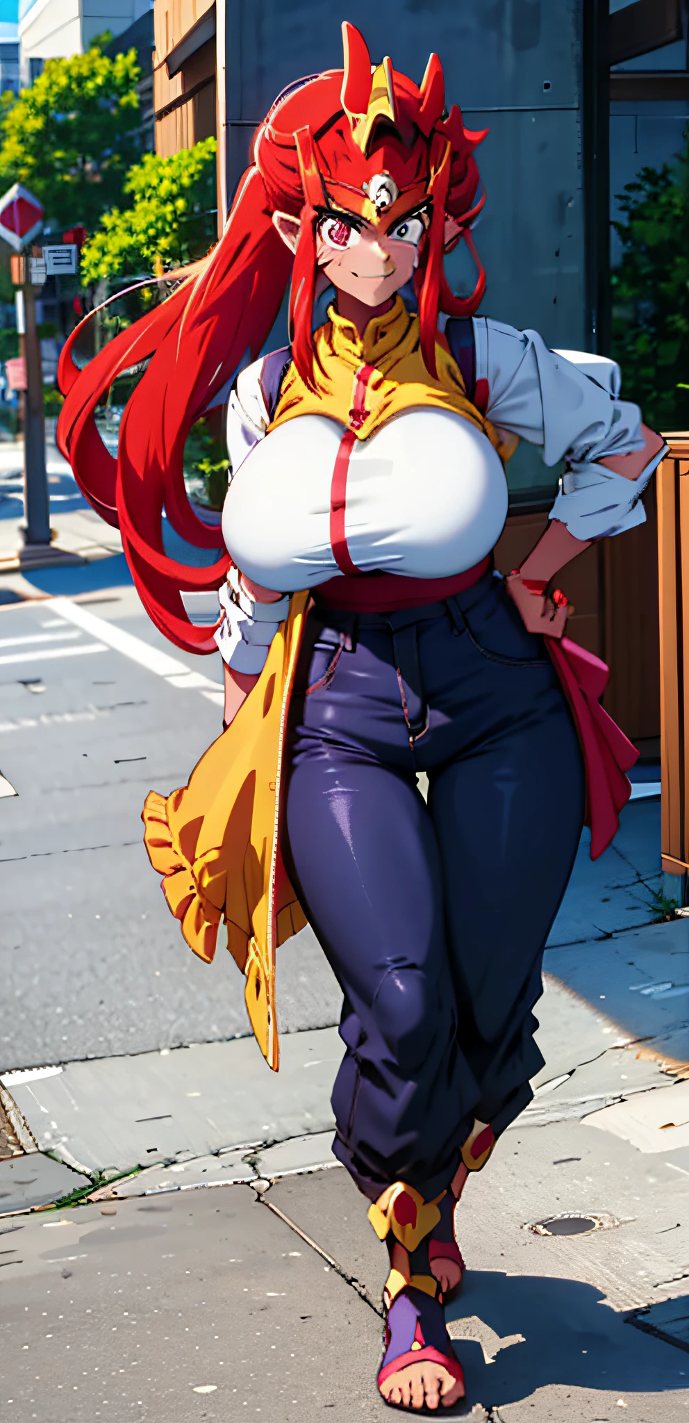 zenki(cute smile:1.2) , c twinbraids, tall female, curvy, huge breast, musclegirl, walking forest, pants, vest, smug, red hair