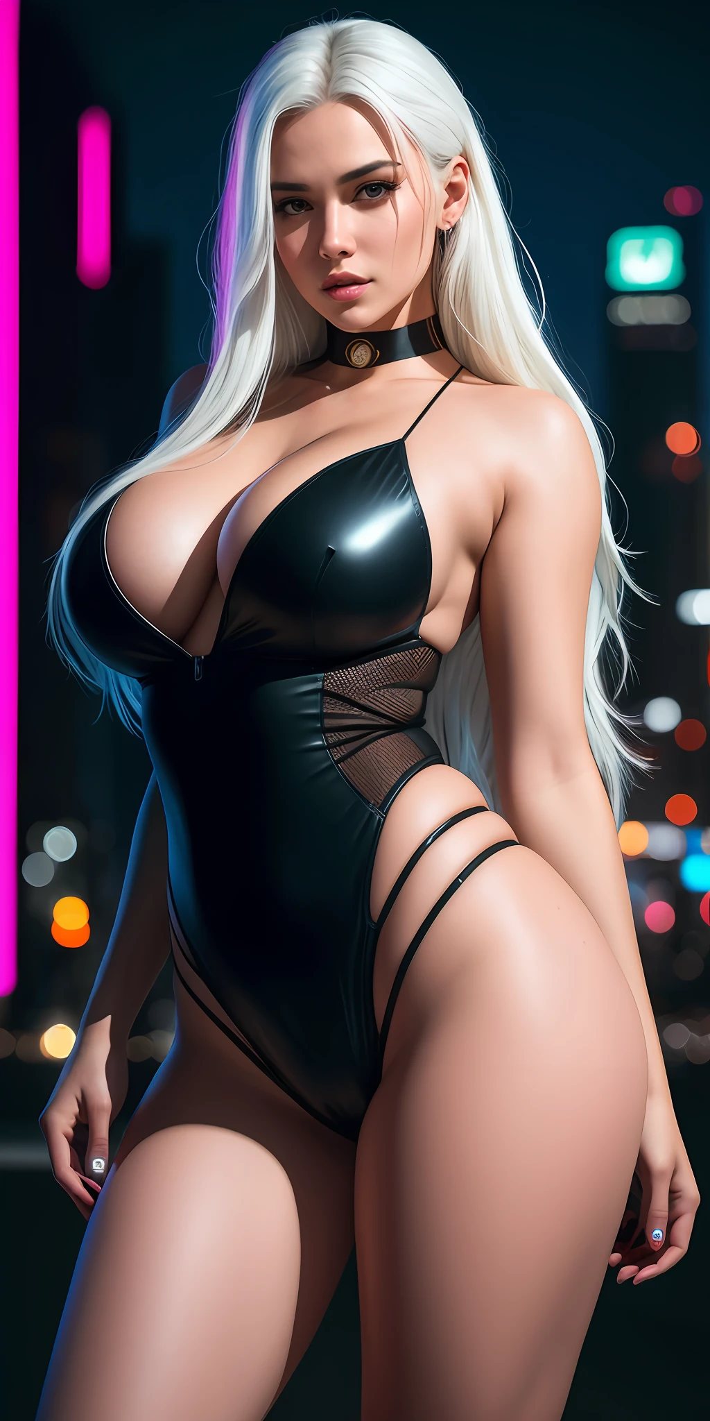 beautiful young female hacker with long ultra white hair, gigantic breasts with huge perky, slutty seductive pose, in the background cyberpunk city by night full of kanji neon lights, photorealistic, photo, masterpiece, realistic, realism, photorealism, high contrast, photorealistic digital art trending on Artstation 8k HD high definition detailed realistic, detailed, skin texture, hyper detailed, realistic skin texture, armature, best quality, ultra high res, (photorealistic:1.4), high resolution, detailed, raw photo, sharp re, by lee jeffries nikon d850 film stock photograph 4 kodak portra 400 camera f1.6 lens rich colors hyper realistic lifelike texture dramatic lighting unrealengine trending on artstation cinestill 800,