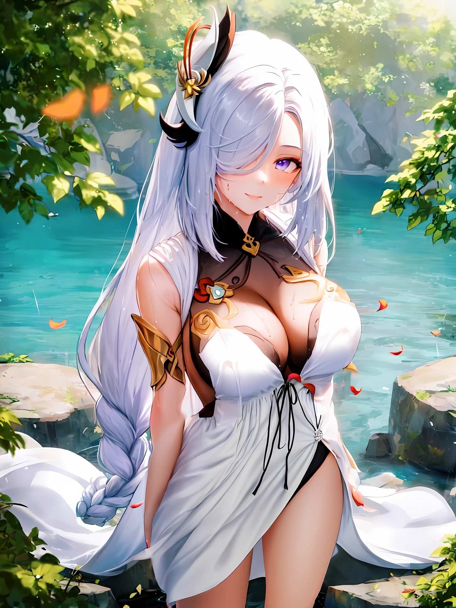 Wearing a white dress