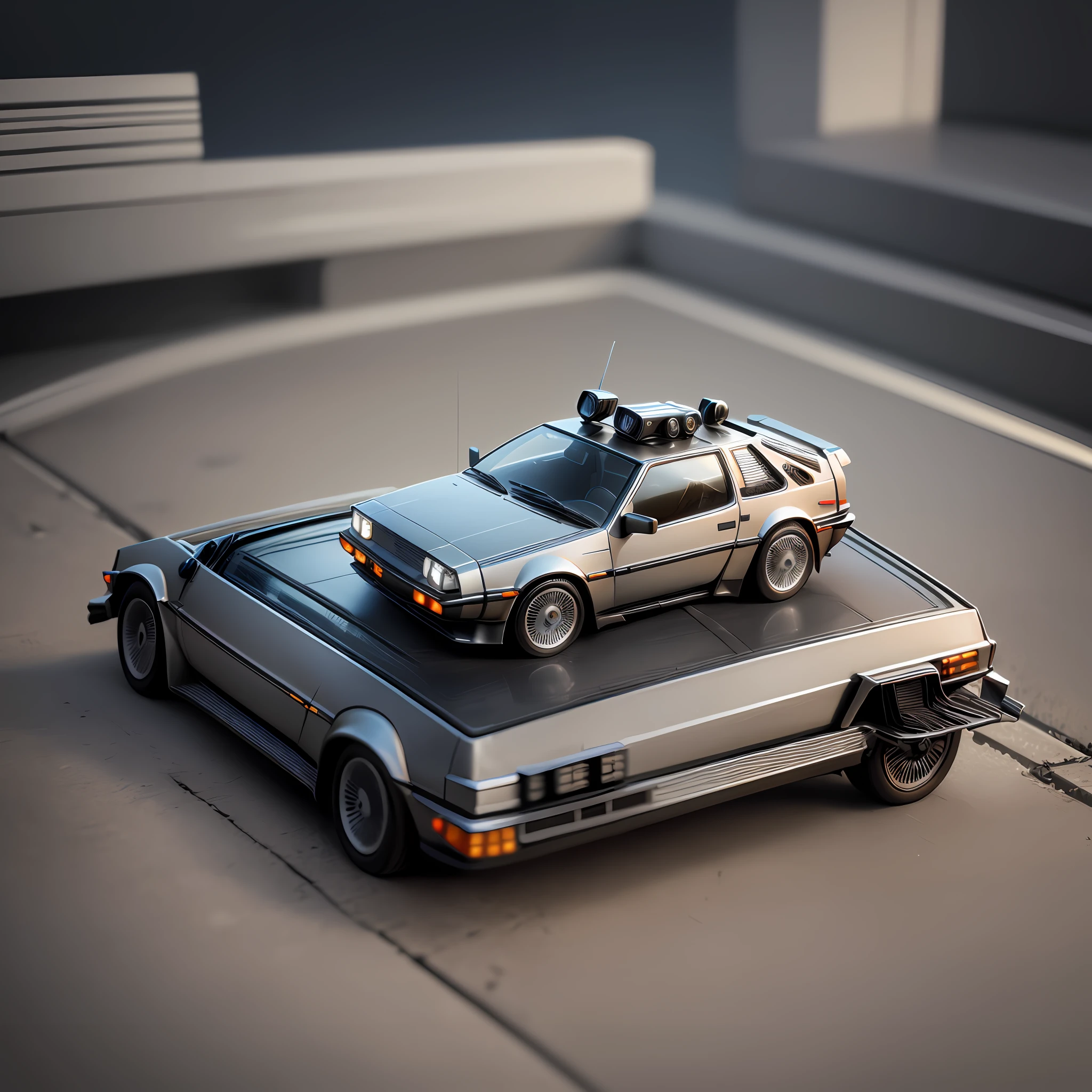 best quality, ultra high res, (photorealistic: 1.4), a miniature DeLorean car on top of a table