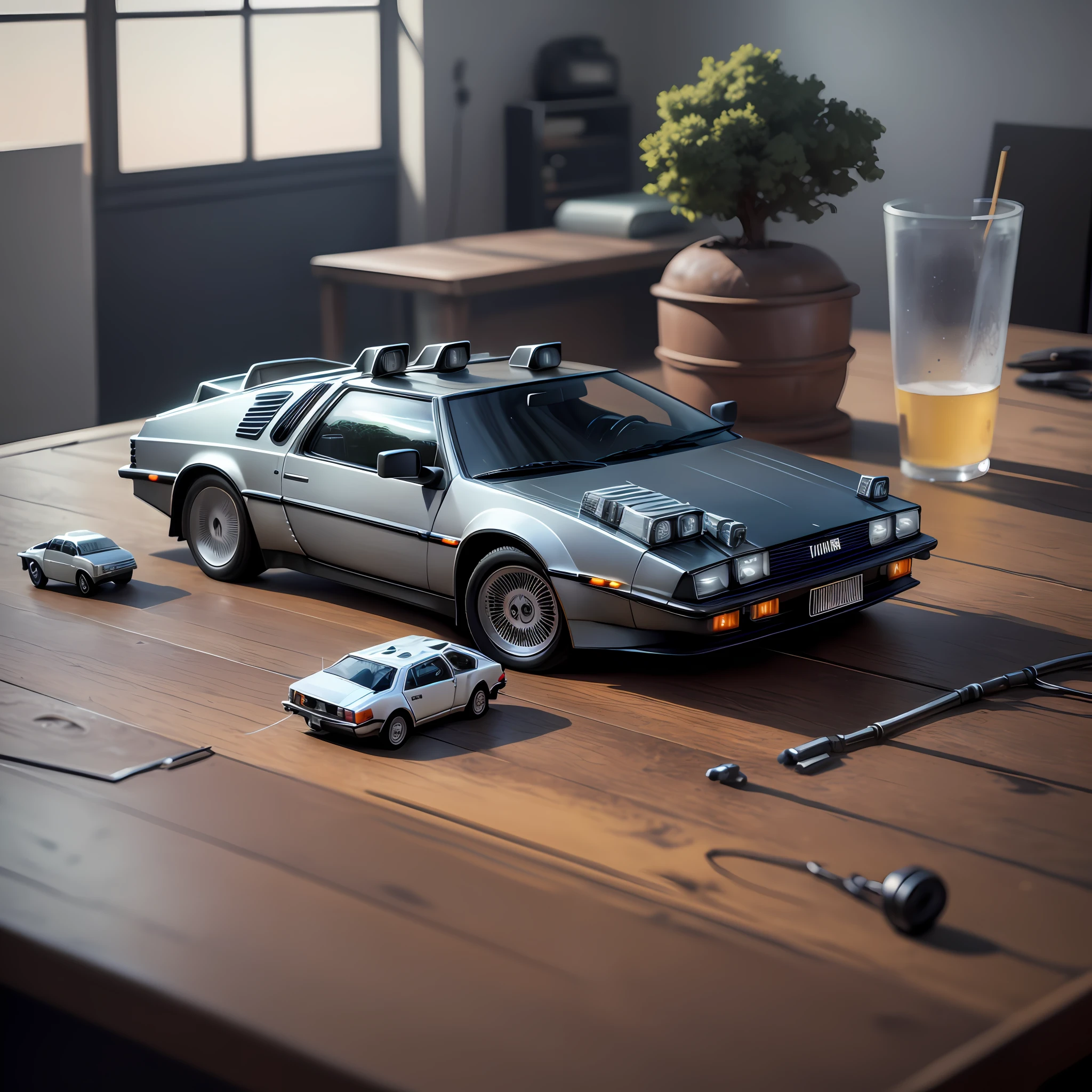 best quality, ultra high res, (photorealistic: 1.4), a miniature DeLorean car on top of a table