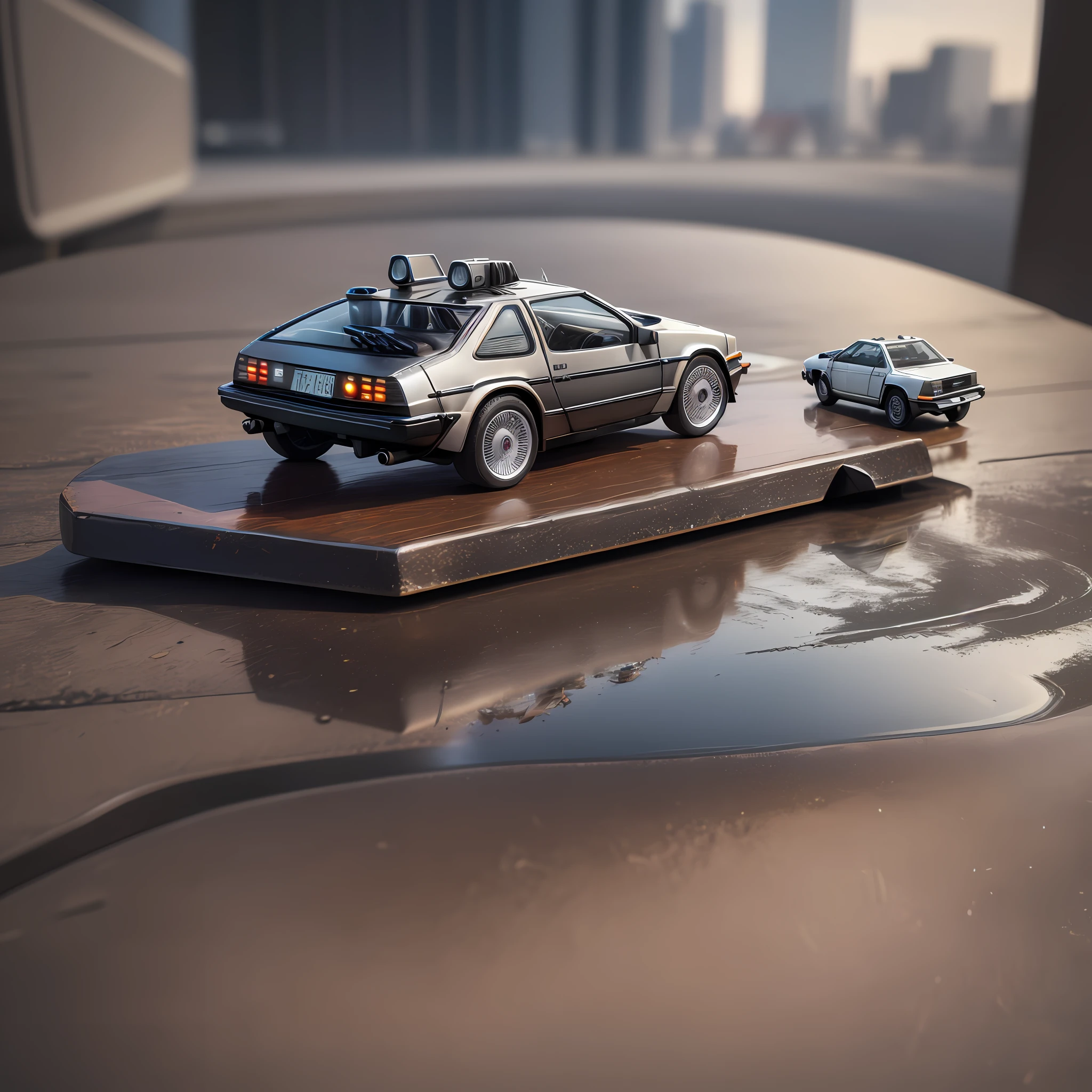 best quality, ultra high res, (photorealistic: 1.4), a miniature DeLorean car on top of a table
