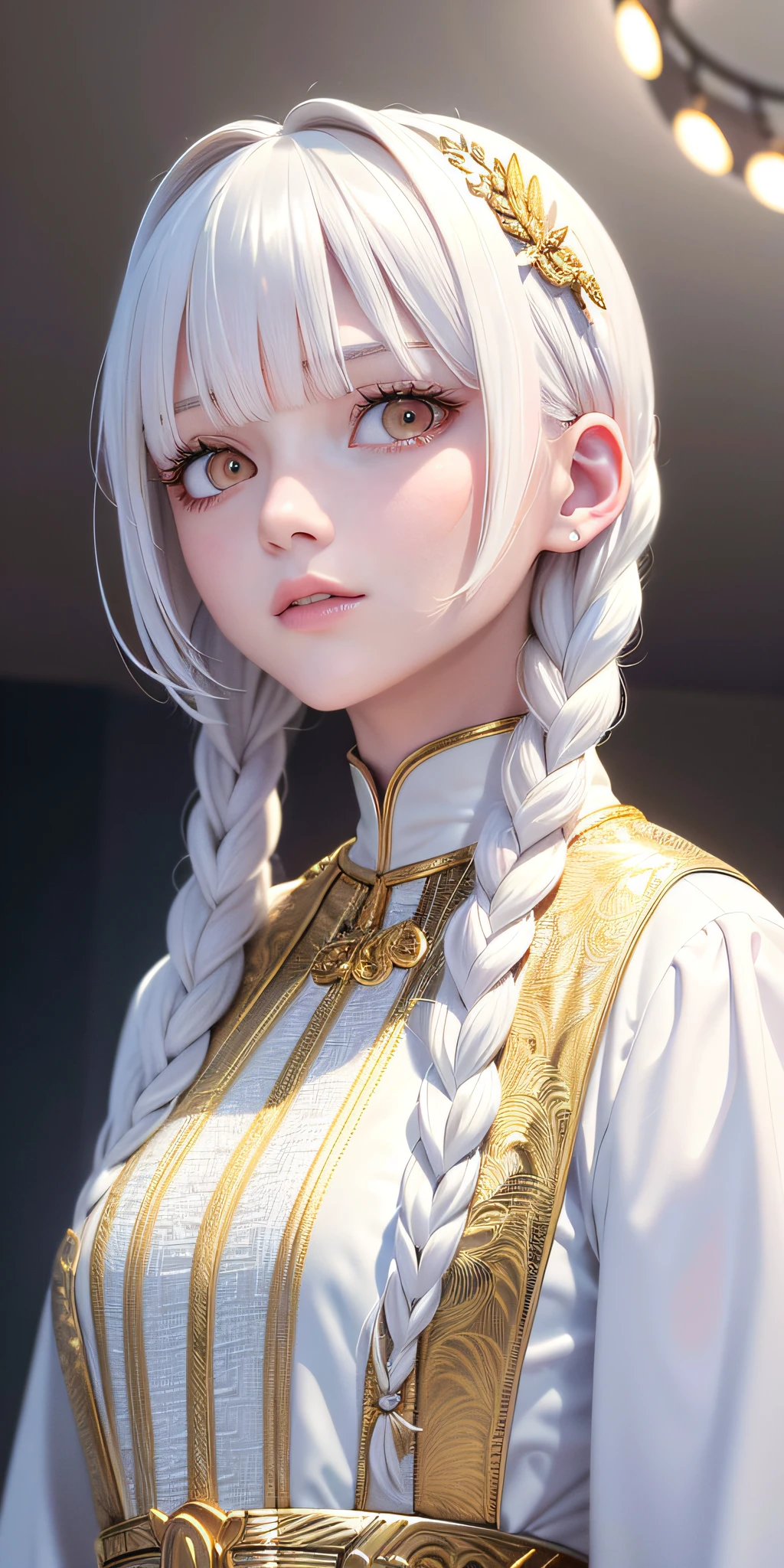 best quality, masterpiece,white hair, gold eyes,white clothes, looking up, upper body,hair strand,Fair skin,side braids