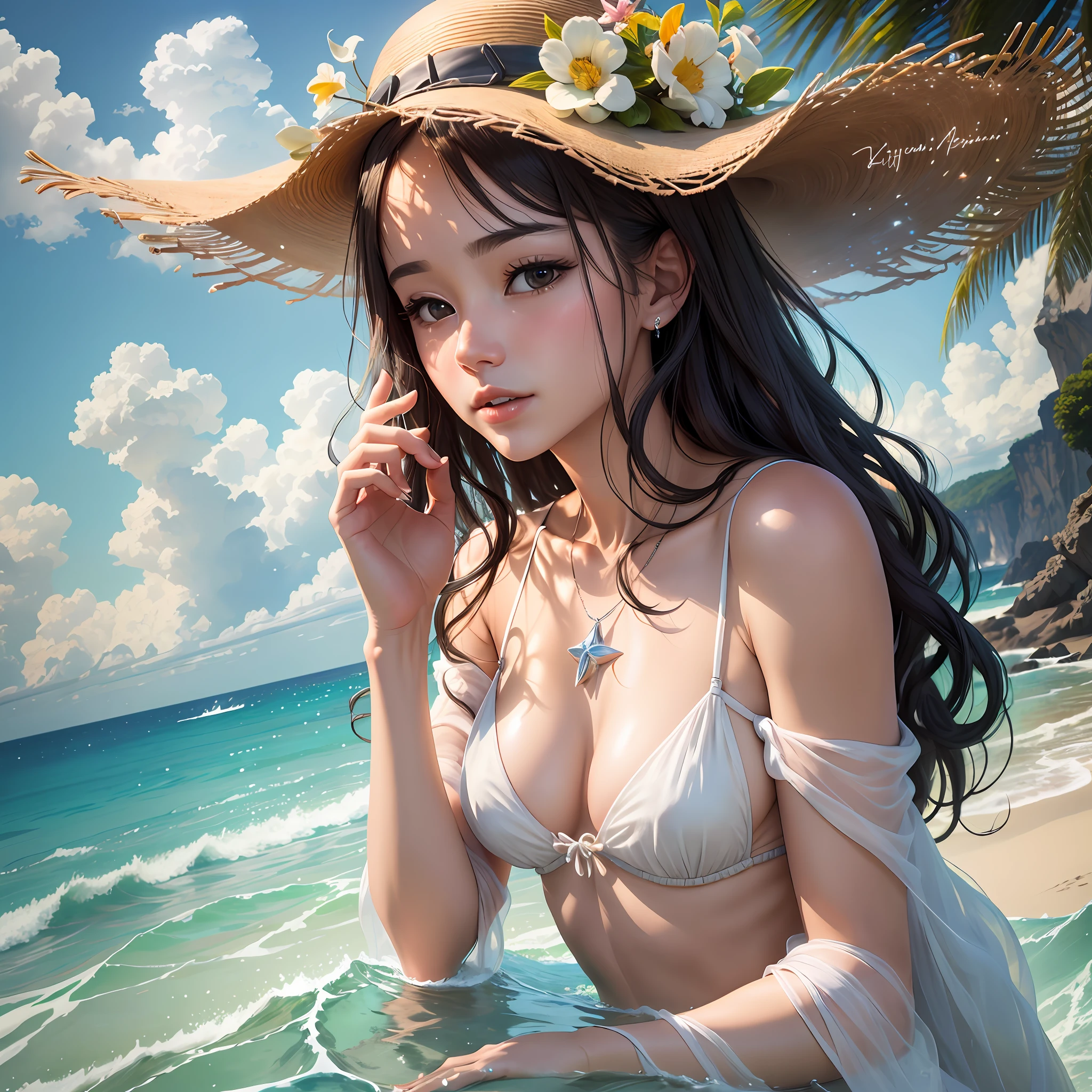 On a hot summer day, the sea was as transparent as crystal, reflecting the dazzling sunlight, and the beach sparkled like a blanket of diamonds, where a beautiful woman, the embodiment of summer, basked in the warmth, her hand, balanced with four fingers and one thumb, gently touching the sand
BREAK
the air filled with the sound of gentle waves and the scent of sea salt, creating a perfect summer tableau, a true masterpiece, all captured in stunning 8k resolution