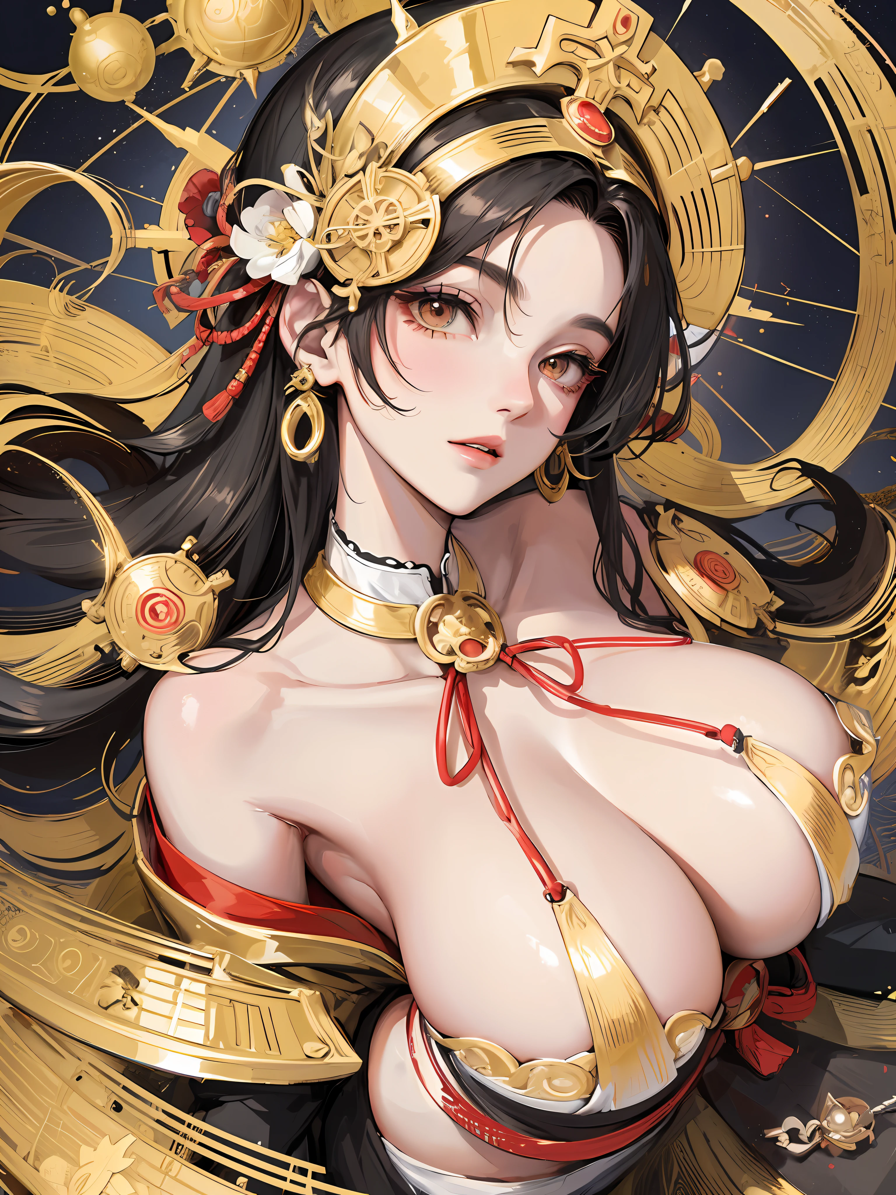 Amaterasu, goddess of the sun, incarnation of the sun, supreme god of Japan, ruler of Takamagahara and the deification of the sun. The ancestor of the Japanese emperor, the supreme god of Shinto in Japan, the incarnation of the Great Hiru, the background is the Japanese shrine sacrificial ground, holding the eight mirrors, ((super super huge breasts, beautiful breasts)), (human wife), indifferent, extremely majestic, daunting, dark eyes, Japanese makeup, kneeling on the ground, shaping a glorious atmosphere, radiant sky, fair skin, Long black hair, sun tattoo on chest, eight-foot qionggoyu, pregnant mother, navel, gorgeous costume, (extremely gorgeous Tenno-hata), geta, White socks, perfect legs, Japanese kabuki costume, gorgeous belt, (lots of luxurious accessories), perfect flesh full of texture, , searing rendering effect, jaw-dropping, captivating visual enjoyment, ((best quality)), ((masterpiece)), maximum definition, 8K wallpaper, official art, multi-layered texture, super detailed, illustration, (super detailed face), (perfect face), clear texture, fine texture, Ultra HD detail display, Excellent image performance, high quality illustrations, Perfect fit and harmonious tones, deep lines, precise brush strokes, with a strong sense of three-dimensionality and delicate wear, wonderful color matching, intricate details