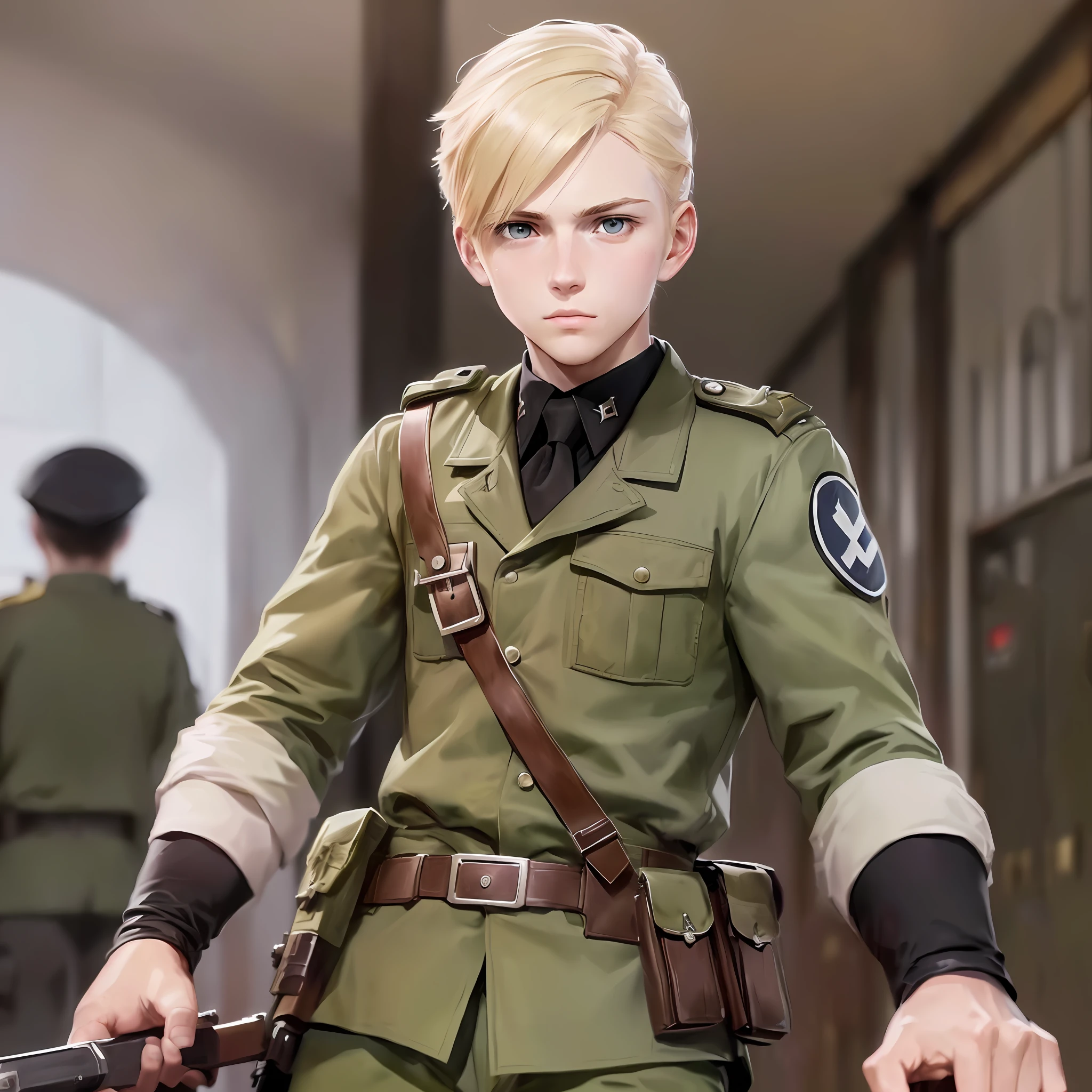 blond haired man in uniform holding a gun and looking at the camera, anime ss military, annie leonhart, infantry girl, inspired by Armin Hansen, small character. unreal engine 5, looking like annie leonhart, artwork in the style of guweiz, young blonde boy fantasy thief, young female ww 2 soldier, soldier outfit