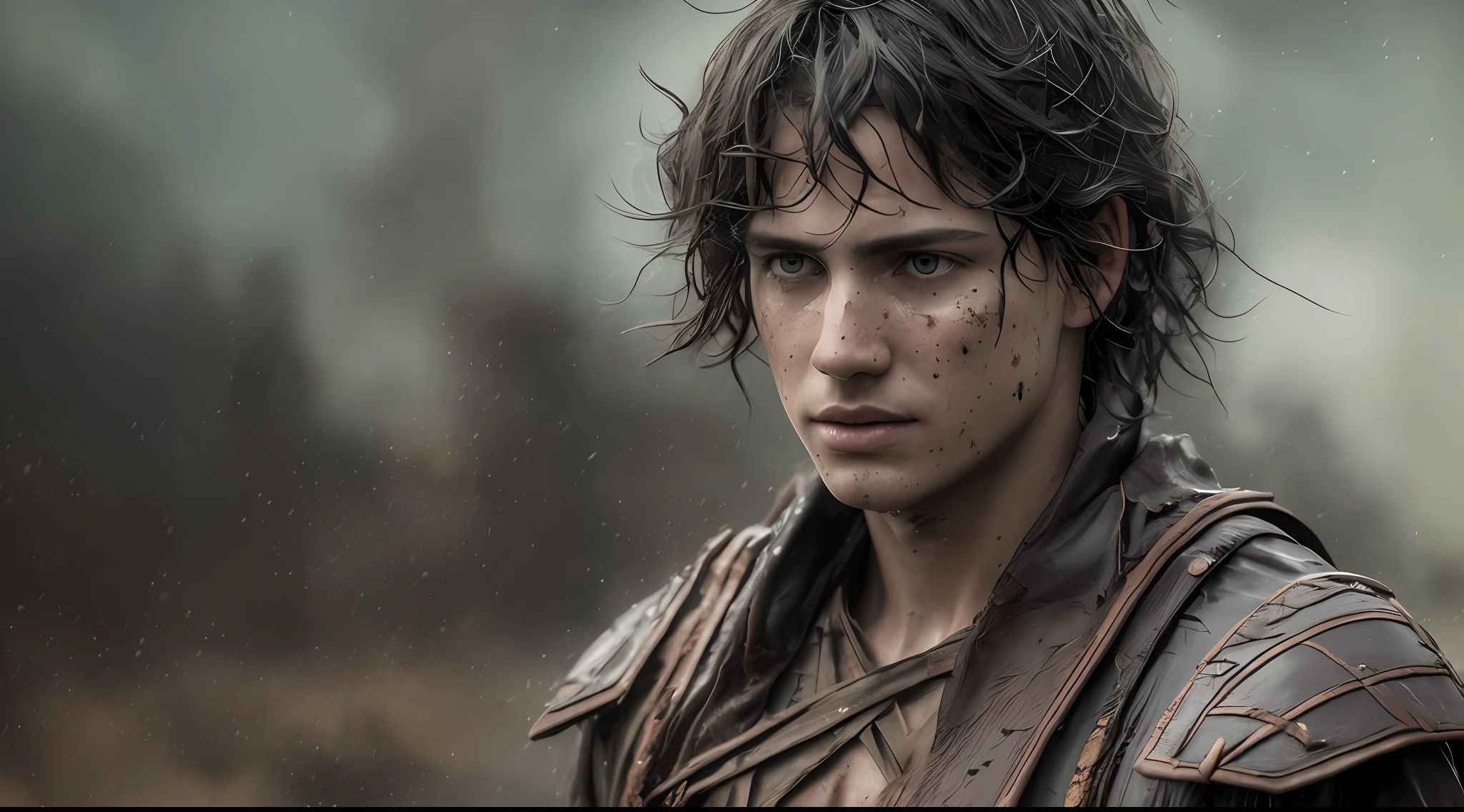 (Cinematic Photo:1.3) from (Ultra detailed:1.3) photo of the most beautiful artwork in the world with soft glossy, ((heroic epic fantasy skinny rough wet young biblical character David, wounded hopeful look with short black hair and brave look in a dynamic posture, holding staff and deep, garments of centuries before Christ)) ,chest, full face, (dark background:1.4) (realistic epic, HDR, intricate details, hyperdetailed, cinematic, rim light, muted: 1.5), ((fantastic location, majestic desert environment, battlefield of the Philistines)), skin pores, very dark lighting, heavy shadows, detailed, detailed face, (realistic photo, dramatic, dark, sharp focus, 8k), (damaged damaged used old leather clothing:1.5), (intricate: 1.4), decadent, (highly detailed: 1.4), octane rendering, sharp focus, heavy rain, floating particles,(by artist Greg Rutkowski:1.3),Highly detailed,(Kinemacolor:1.3) --auto --s2