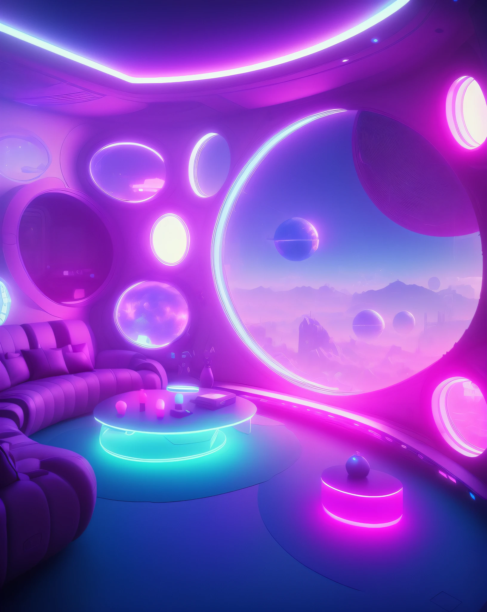 a view of a living room with a couch and a table, futuristic room, futuristic setting, futuristic decoration, futuristic looking living room, colorful dystopian futurism, dreamy colorful cyberpunk colors, futuristic but colorful shading, in style of beeple, beeple colors, futuristic aesthetic, futuristic art style, sci - fi aesthetics, inspired by Beeple