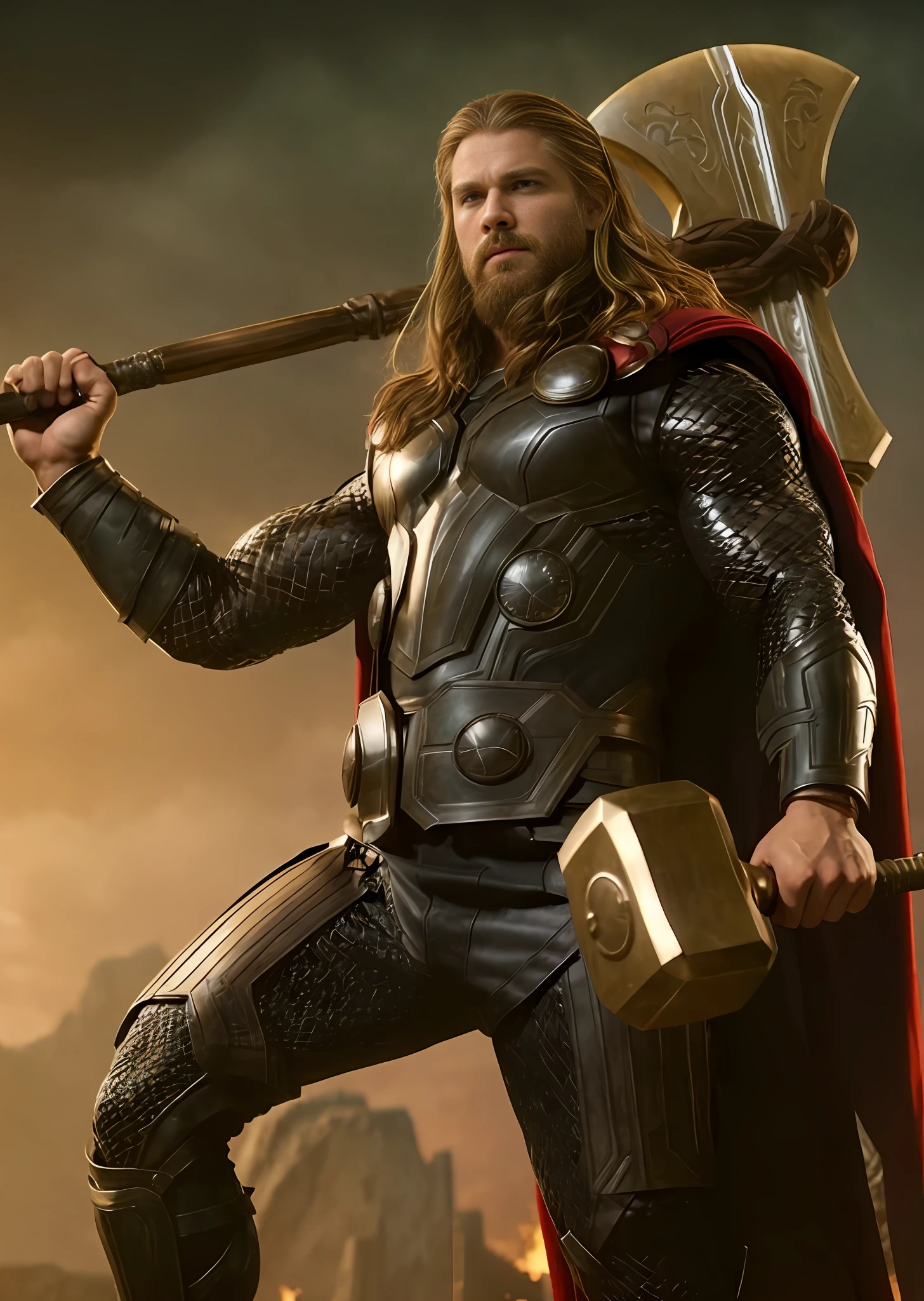 4K, thor, muscular man, big beard, long hair, metal armor, holding hammer.