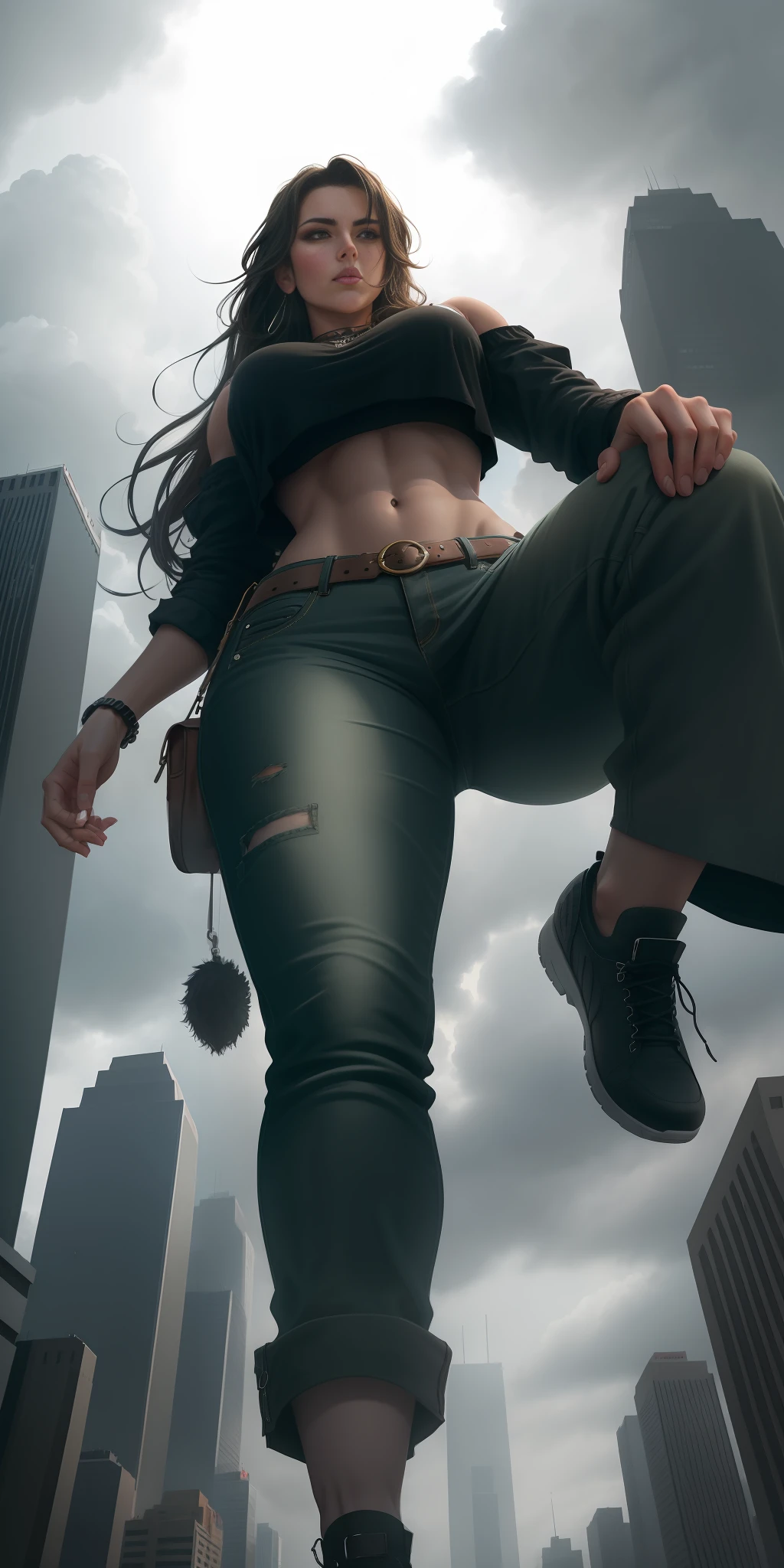 "A towering Giantess in a cool and laid-back hippie style is rocking a crop top and baggy pants. Her toned and athletic build hints at her massive strength. She seems to be casually strolling through the bustling cityscape of GTS City, as towering buildings loom overhead. Smoke and clouds roil around her, adding to the sense of epic scale and drama. The lighting is dark, gloomy, and realistic, creating a tense and ominous atmosphere. The perspective is from below, emphasizing the sheer majesty and power of the Giantess."