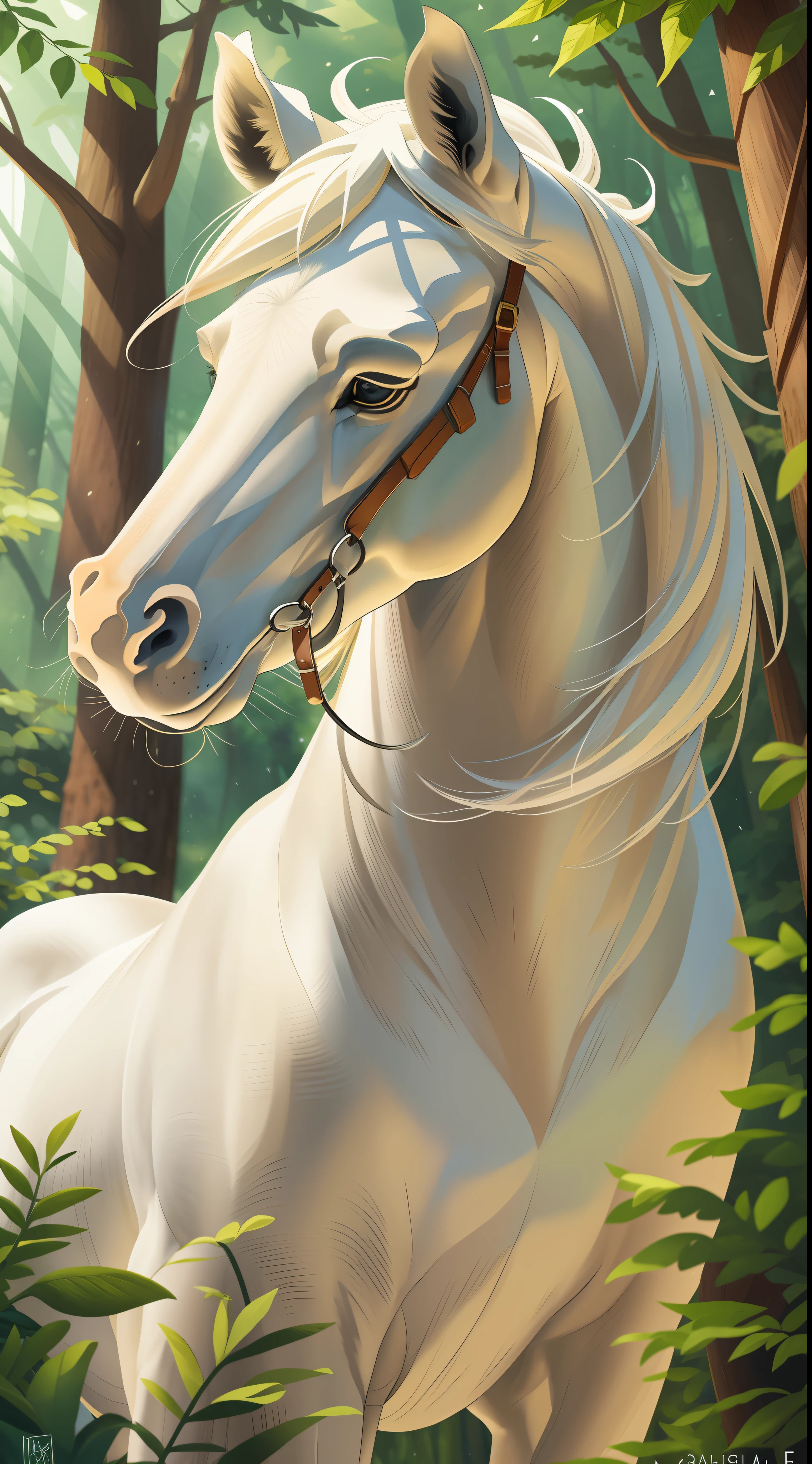Majestic horse of white color. strong, elegant, white mane. Harmonious forest. Harmonious grove, large scale, (open image) large image aperture..