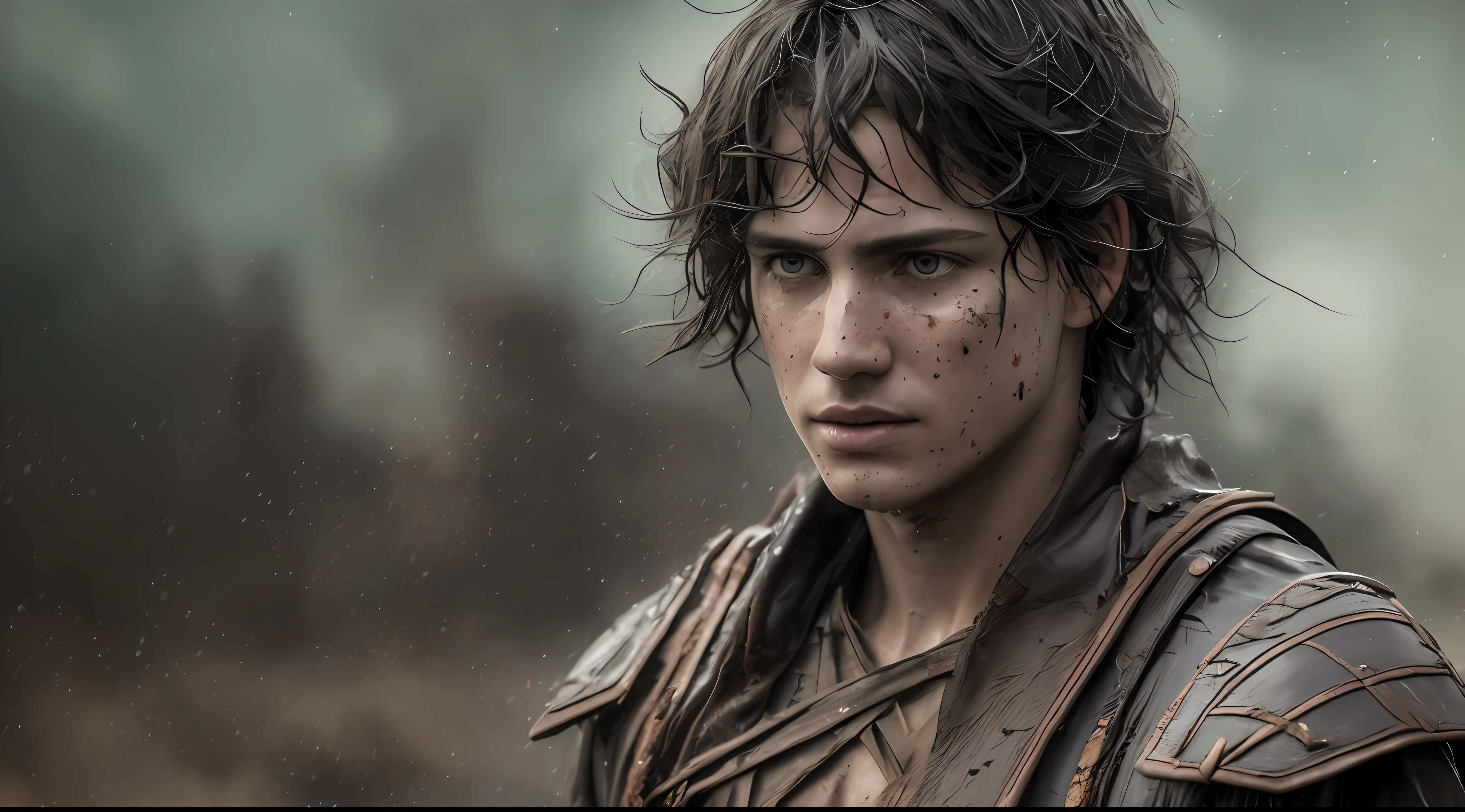 (Cinematic Photo:1.3) from (Ultra detailed:1.3) photo of the most beautiful artwork in the world with soft glossy, ((heroic epic fantasy skinny rough wet young biblical character David, wounded hopeful look with short black hair and brave look in a dynamic posture, holding staff and deep, garments of centuries before Christ)) ,chest, full face, (dark background:1.4) (realistic epic, HDR, intricate details, hyperdetailed, cinematic, rim light, muted: 1.5), ((fantastic location, majestic desert environment, battlefield of the Philistines)), skin pores, very dark lighting, heavy shadows, detailed, detailed face, (realistic photo, dramatic, dark, sharp focus, 8k), (damaged damaged used old leather clothing:1.5), (intricate: 1.4), decadent, (highly detailed: 1.4), octane rendering, sharp focus, heavy rain, floating particles,(by artist Greg Rutkowski:1.3),Highly detailed,(Kinemacolor:1.3) --auto --s2