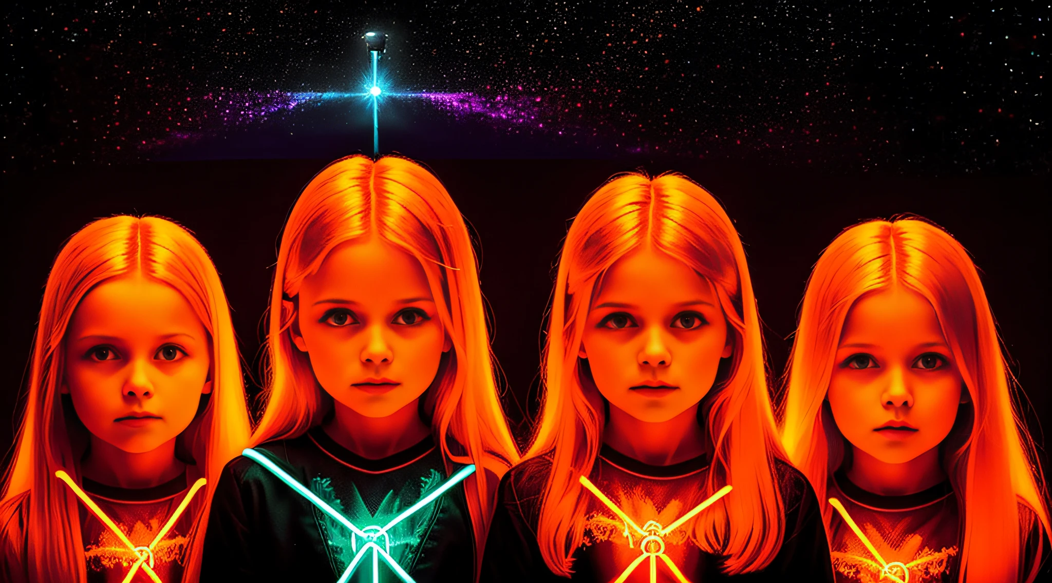 3 girls Russian children with 10 years old, WITH LONG STRAIGHT HAIR blondes, PORTRAIT STYLE, is casting a lighting spell, promotional art, movie promotional image, orange lighting, technology and magic, promotional image, promotional art, neon orange backlighting, jared aura and wires, neon version of jim burns style, key art, orange lights, game key art