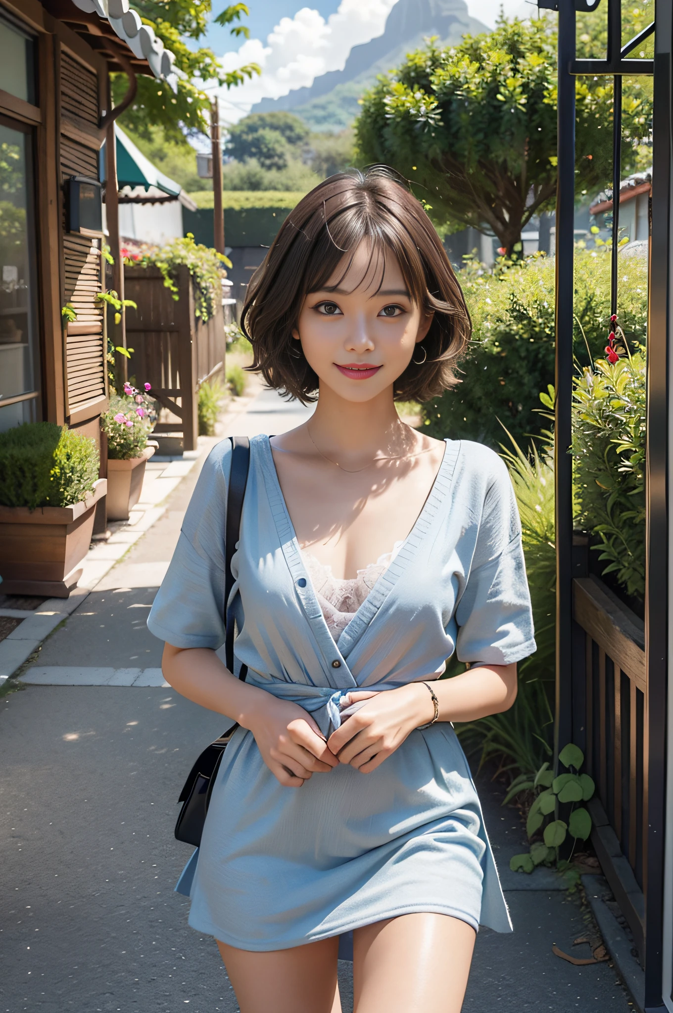 (1 woman: 1.4), (RAW photo: 1.2), (photorealistic: 1.4), (masterpiece: 1.3), (best quality: 1.4), ultra high resolution, (detailed eyes), (detailed facial features), (detailed clothing features), HDR, 8k resolution, camera angle from below, bangs, skin tightness, (shiny skin), (slender girl), dreamy,
(extreme detailed view), confirmation of commentary, request for commentary, landscape of Tahiti, no text,
Virtual Girl - Rin, Small ????, Various Pose, Bob Hair, Short Hair, Brown Hair, Brown Eyes,
1 girl, small ????, colorful, mini dress with complex design, New York street, travel, business, sunlight through the trees,
Happiness, smile,