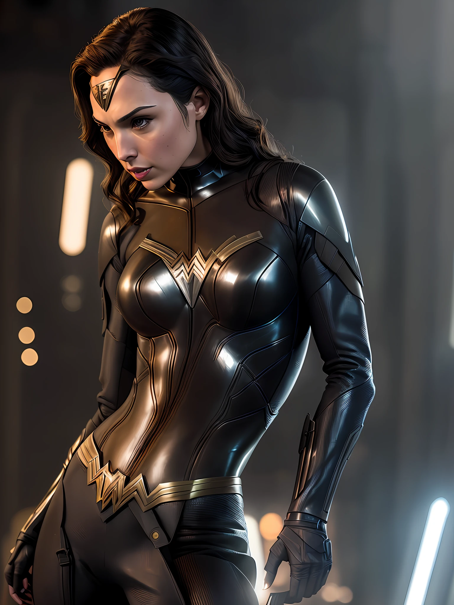 Gal Gadot as, Catwoman,The cinematic soft lighting illuminates an incredibly detailed and ultra-realistic futuristic Wonder Woman armor that is trending on ArtStation. Octane is the perfect tool to capture the softest details of this 16k photography masterpiece