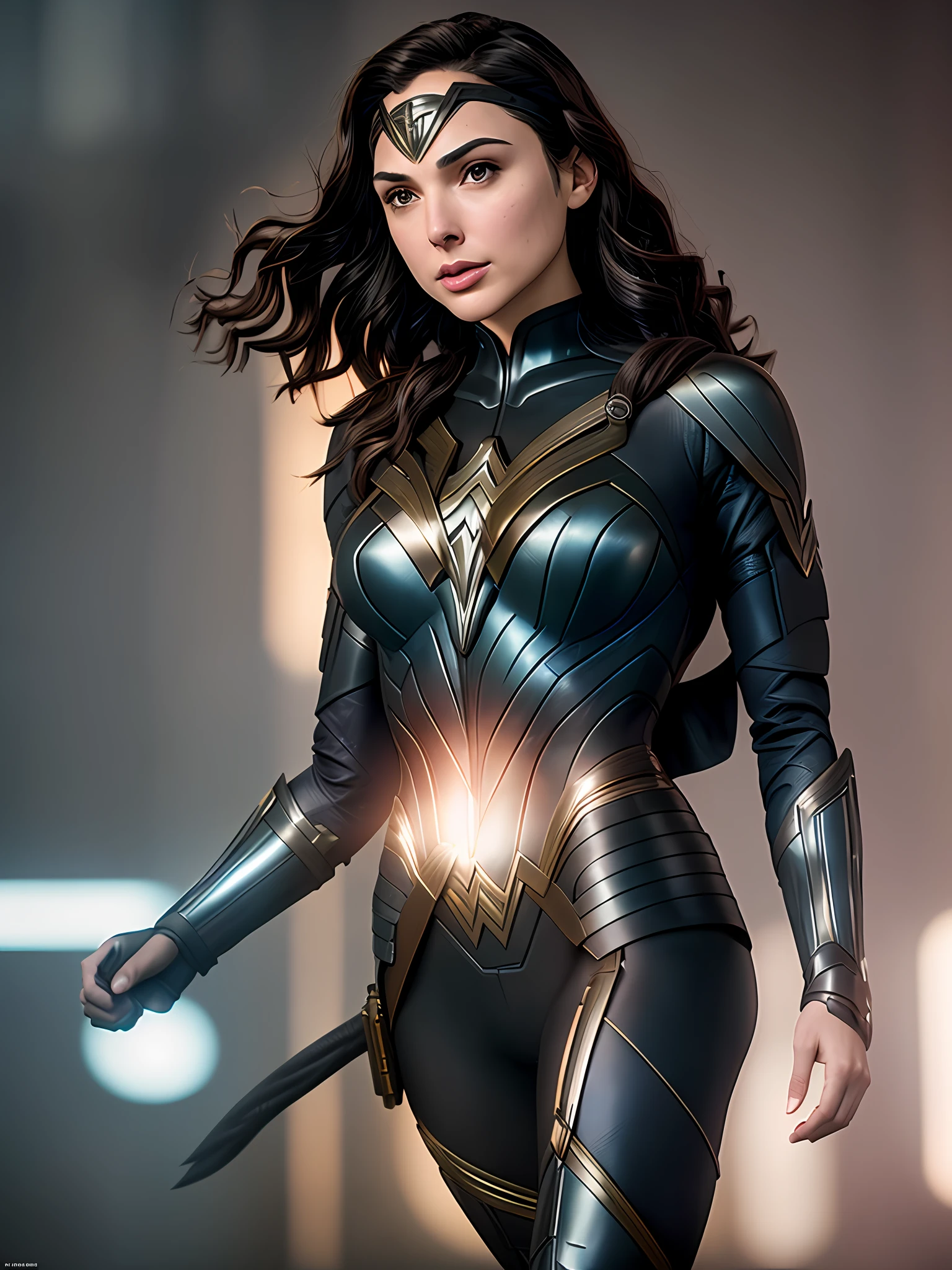 Gal Gadot as, Catwoman,The cinematic soft lighting illuminates an incredibly detailed and ultra-realistic futuristic Wonder Woman armor that is trending on ArtStation. Octane is the perfect tool to capture the softest details of this 16k photography masterpiece