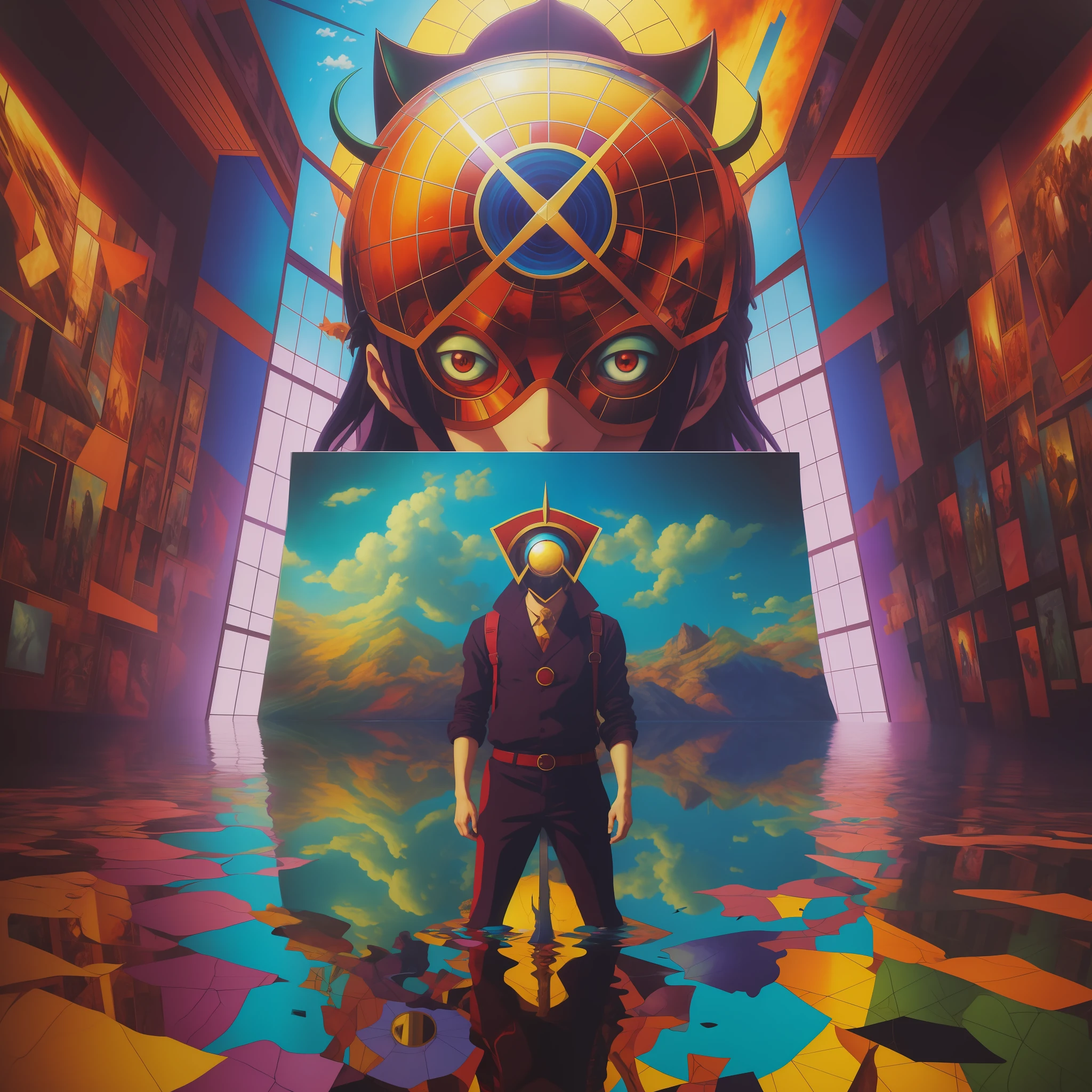 realistic collage anime-painting-photo-film surrealist collage inspired by the works of Raphael,a surrealist composition illustrating modern hell, there are holographic reflections in the background, impression of an image in which the viewer can dive, 8K reflections,kinematic filter, borderless collage