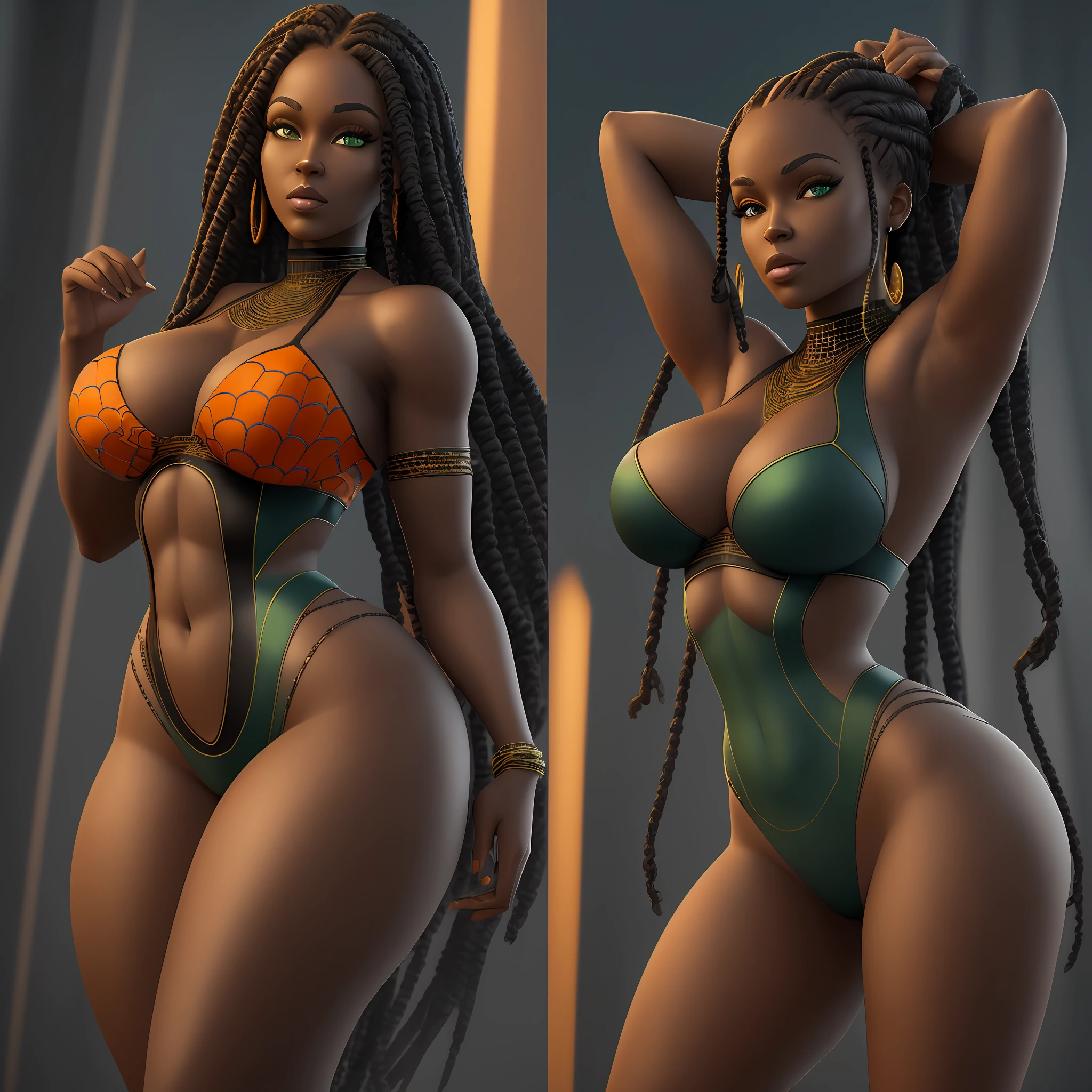 3d model of a dark black woman of 20 years, green eyes with big breasts, big ass big hip big, tall and thin, slender, with braids in her hair, and that is a character of a hyperrealistic game, and that she is super sensual, costume of a spider woman in the colors White, orange and light blue