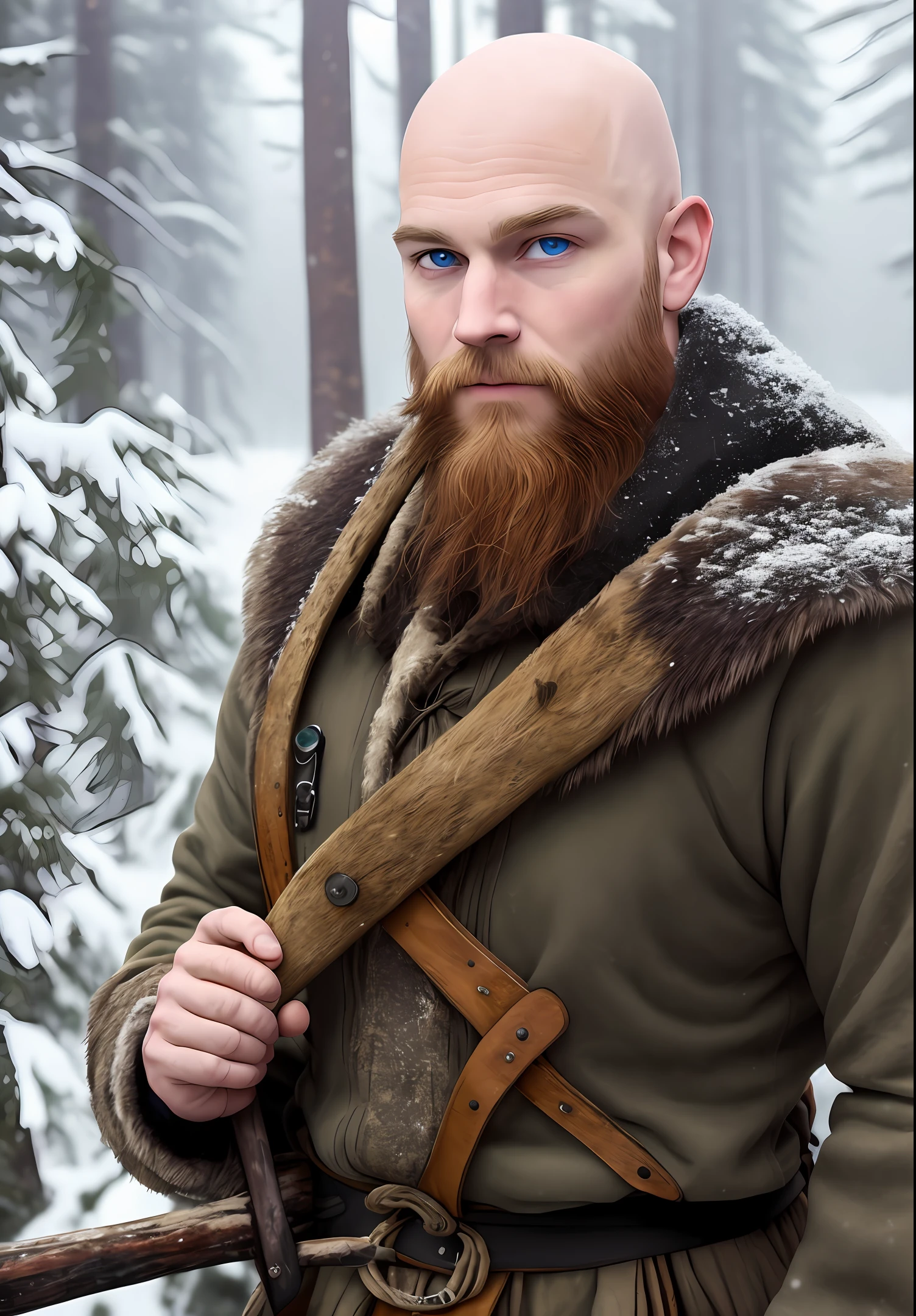 Bald man, fairly muscular, slightly short, blue eyes, earthy face, 20-40 years old, holding an ax, fawn-blond beard, wearing viking fur, snow is falling and the ground is covered with snow. He is walking in the forest, his face is calm and cool, he is looking somewhere