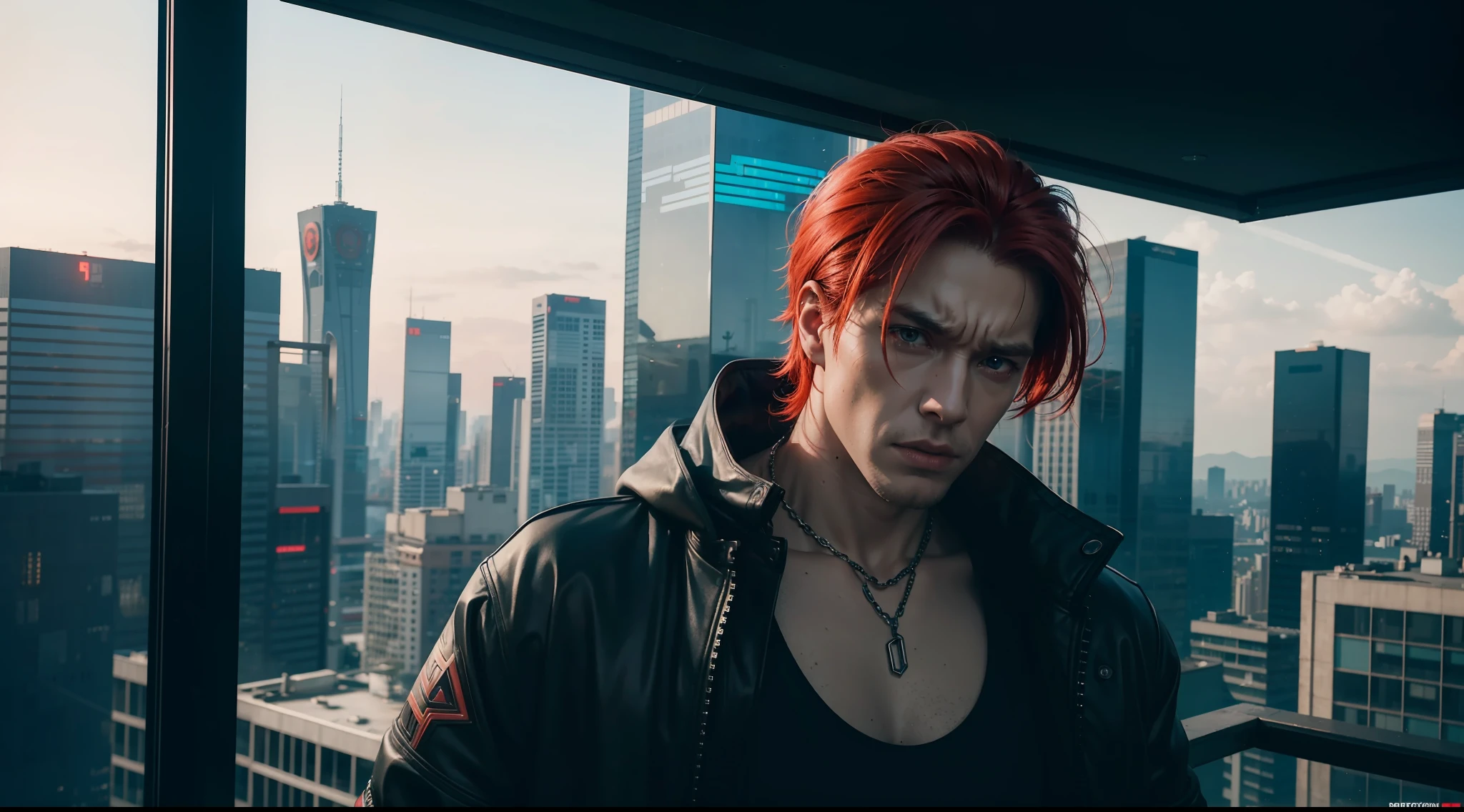 dramatic scene with cyberpunk hero, red haired man, on top of building overlooking city, vibrant, photorealistic, realistic, dramatic, dark, sharp focus, 8k