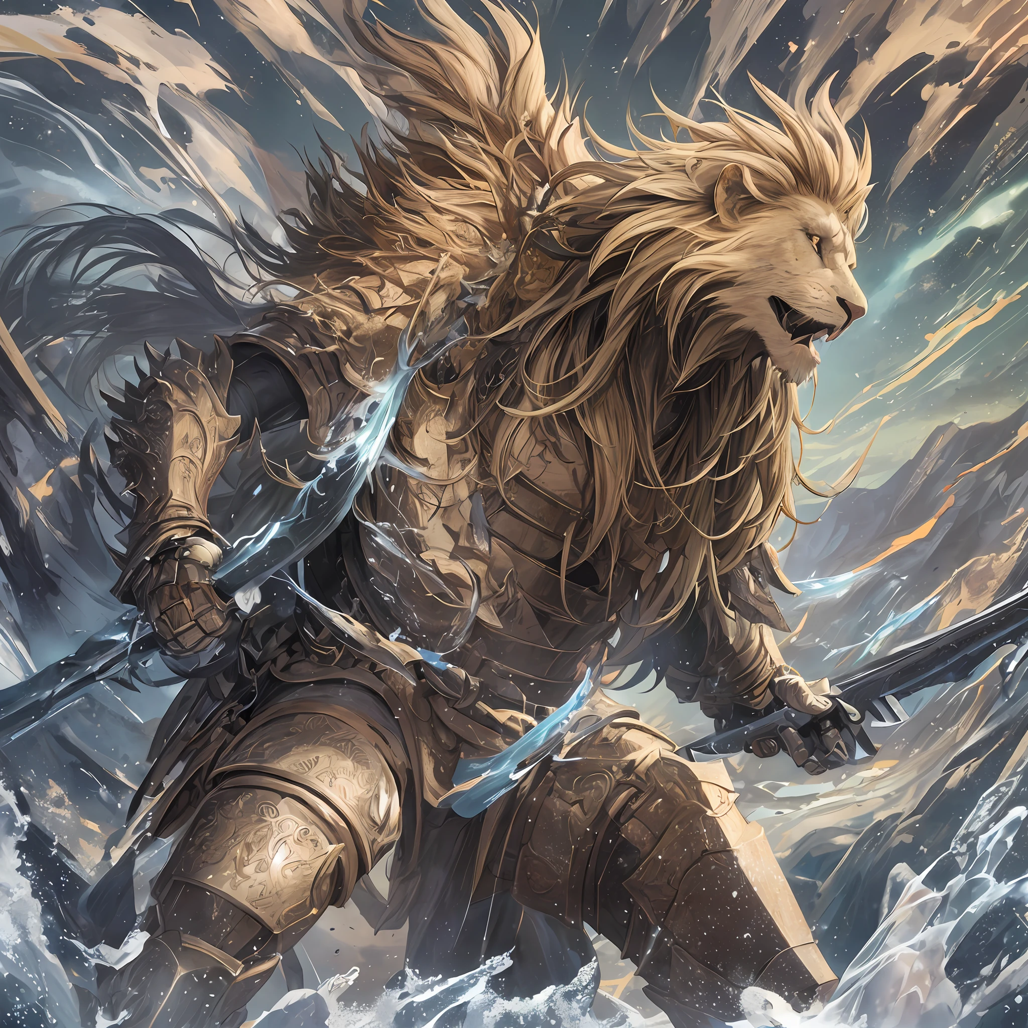 "A humanoid lion warrior wearing battle armor and wielding a powerful weapon, in an epic scene of confrontation and struggle for survival."