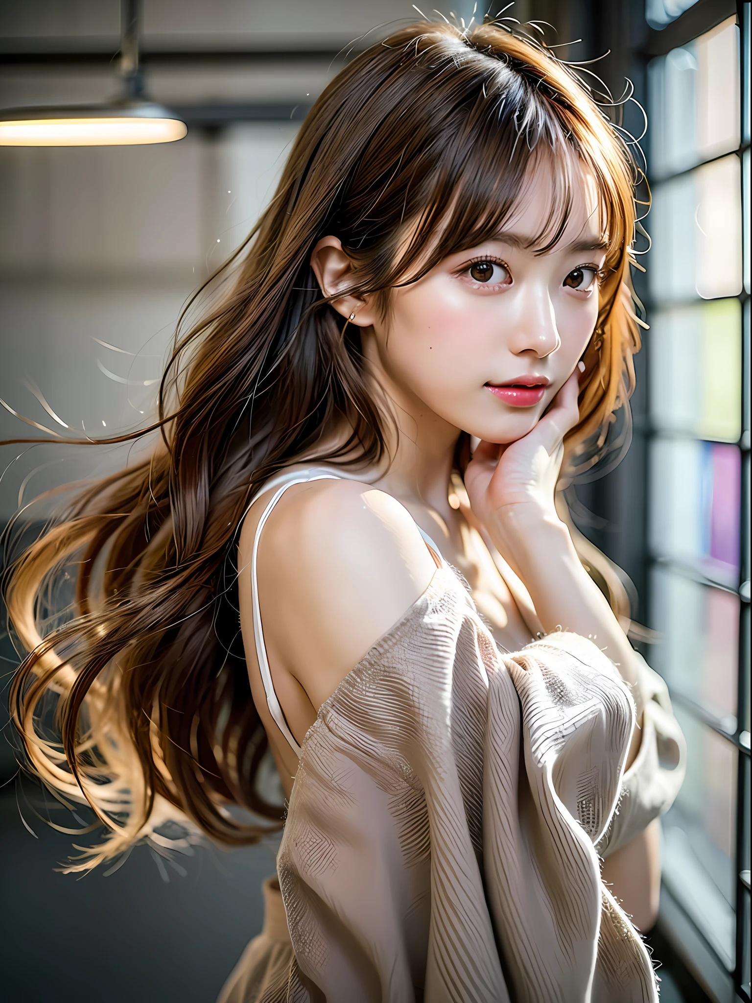 In this project, take the trendy fashion of the Japan of 2023 and create highly elaborate CG Unity 8K wallpapers modeled after a beautiful-looking 30-something actress with a realistic, lifelike and ultra-detailed finish. The model is slender, cute, and mature. Her features are light brown hair, a thin little face, wearing a natural fashion style. Please take a good picture of the background inside the studio, and shoot from a camera angle from the waist up. The skin quality of the model is delicate, and the hairstyle has light waves close to straight hair. Her hand should be close to her mouth, creating an adult atmosphere. Shine light on your hair and express movements that flutter in the wind. Also, pay attention to the fine details and softness of your hair and skin. Keep your photos bright, use professional lighting, and reproduce realistic lights and shadows. The model's hair color is honey-blonde, and her skin tone is a natural beige tone. Makeup should focus on bright lips and eye-catching mascara, and have a natural and light styling. Choose an outfit that matches the trendy fashion of the Japan of 2023, such as a dress in a sophisticated style. For the final image, try to brighten up when shooting with soft light that brings natural light into the room.