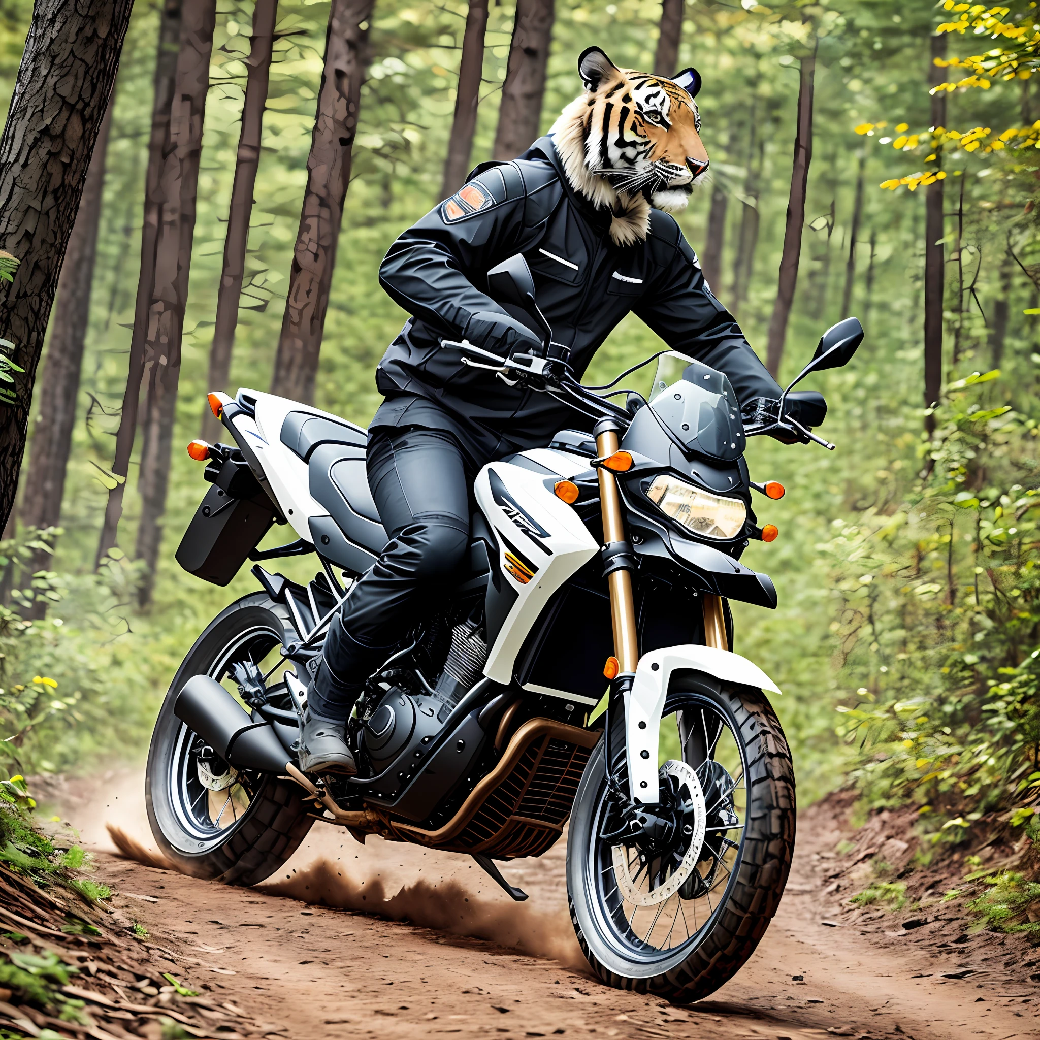 Tiger with black pants riding big trail motorcycle --auto --s2