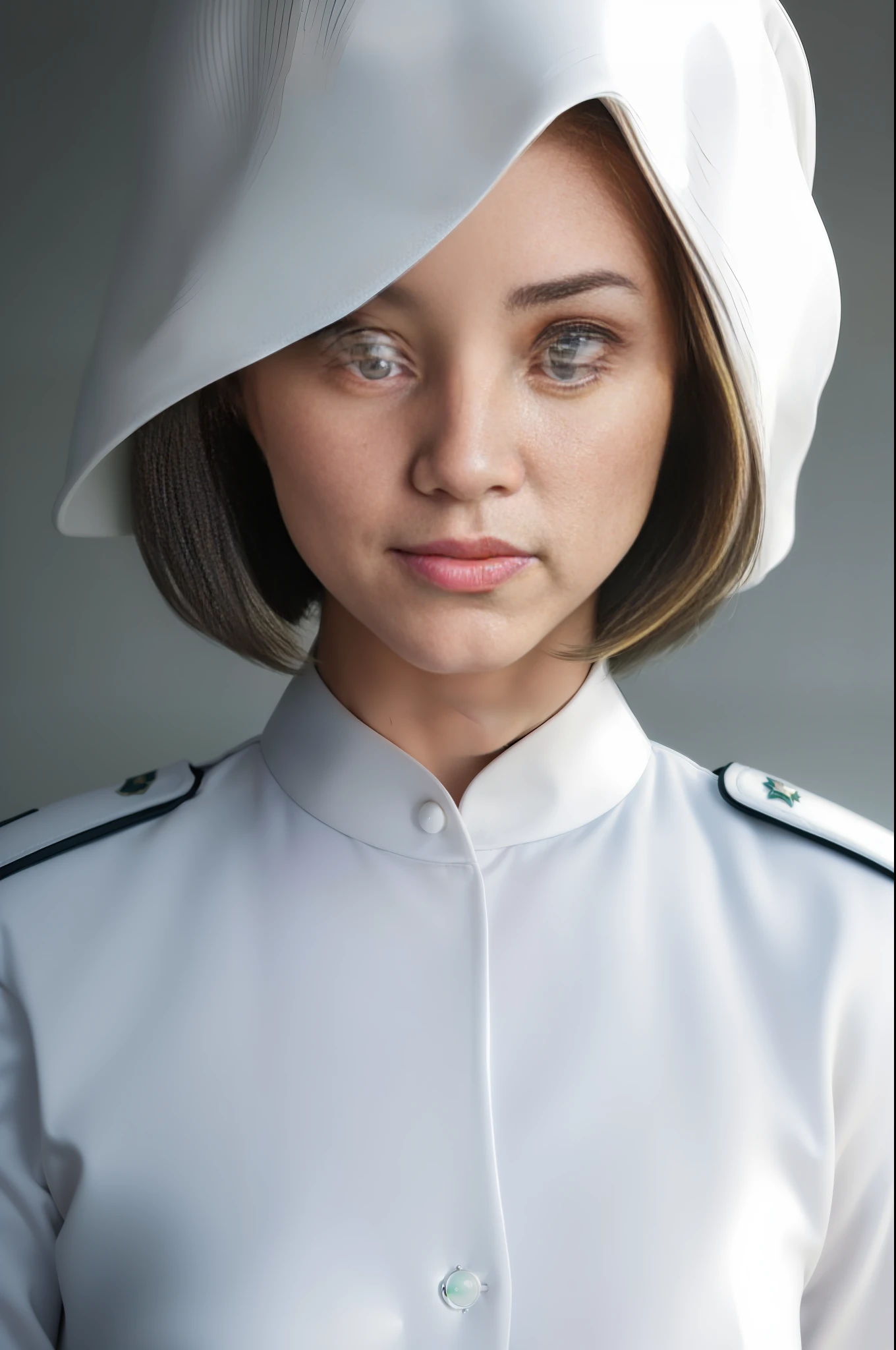 (white police uniform:1.5), 1girl, woman, adult, highres, absurdres, detail, masterpiece, best quality, hyperdetailed, 8k, (((extremely beautiful portrait))), ((glistening skin)), RAW photo, ((masterpiece, best quality, hyper detailed, Cinematic light, intricate details, highres, 8k, extremely detailed)), detailed background, 8k uhd, dslr, soft lighting, high quality, film grain, Fujifilm XT3, shallow depth of field, natural light, RAW photo, (best quality: 1.0), (ultra high definition: 1.0), (beautiful girl: 1.4), Ultra Detail, (High Skin Detail: 1.2), (Best Quality: 1.0), (Ultra High Definition: 1.0), (Masterpiece), Super Detail, (High Skin Detail: 1.2), (Best: 1.0), (short hair:1.2), (green eyes:1.2), (fubuki:1.2), side lit, (open mouth:1.3), (speaking:1.4), teeth, open eyes, (looking at viewer:1.2),
