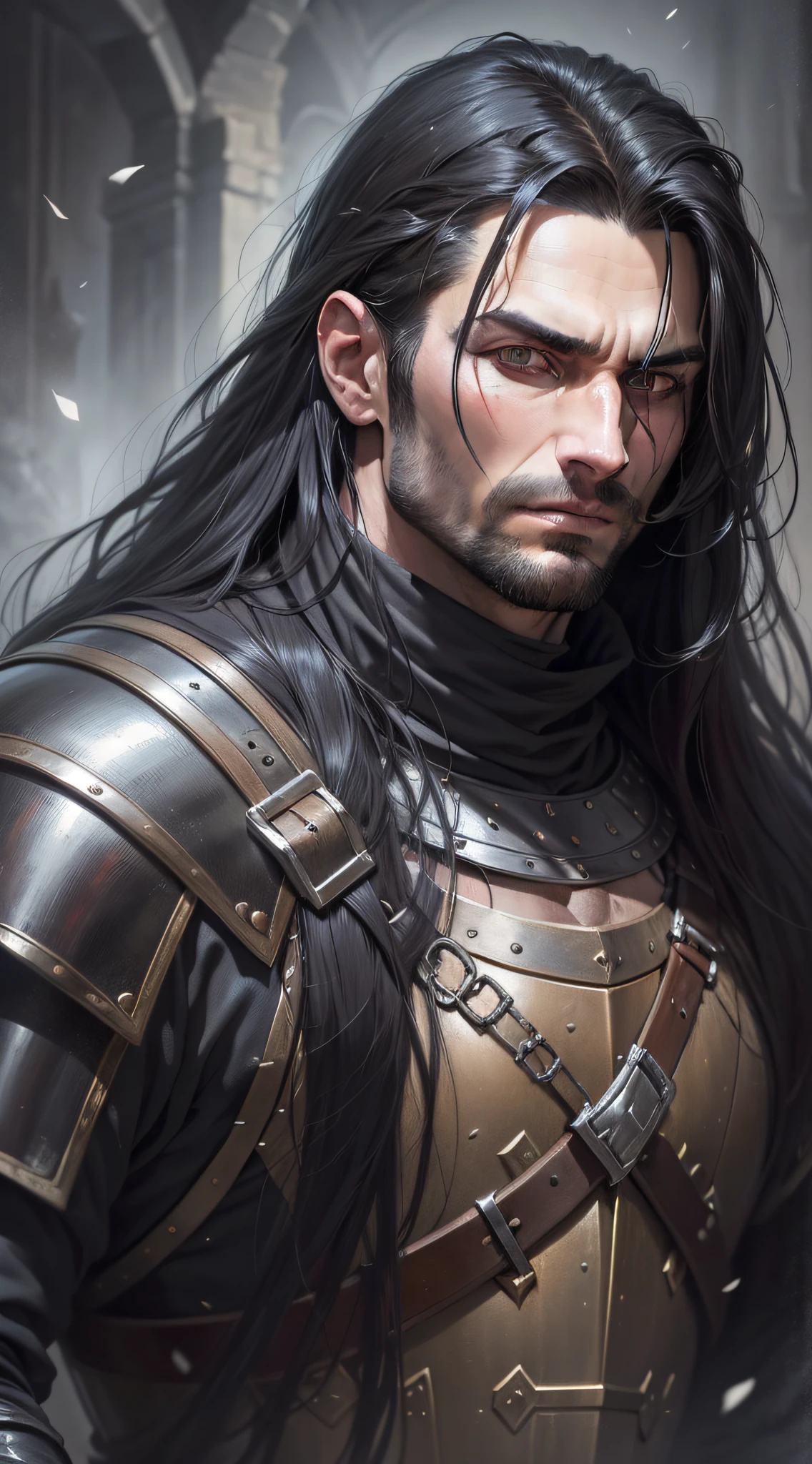 Create a realistic oil painting of a 30-year-old medieval male villain, with long black hair, in a dark and sinister landscape, with dramatic lighting, a malevolent expression, in a black armor, detailed in every aspect, image up to waist.