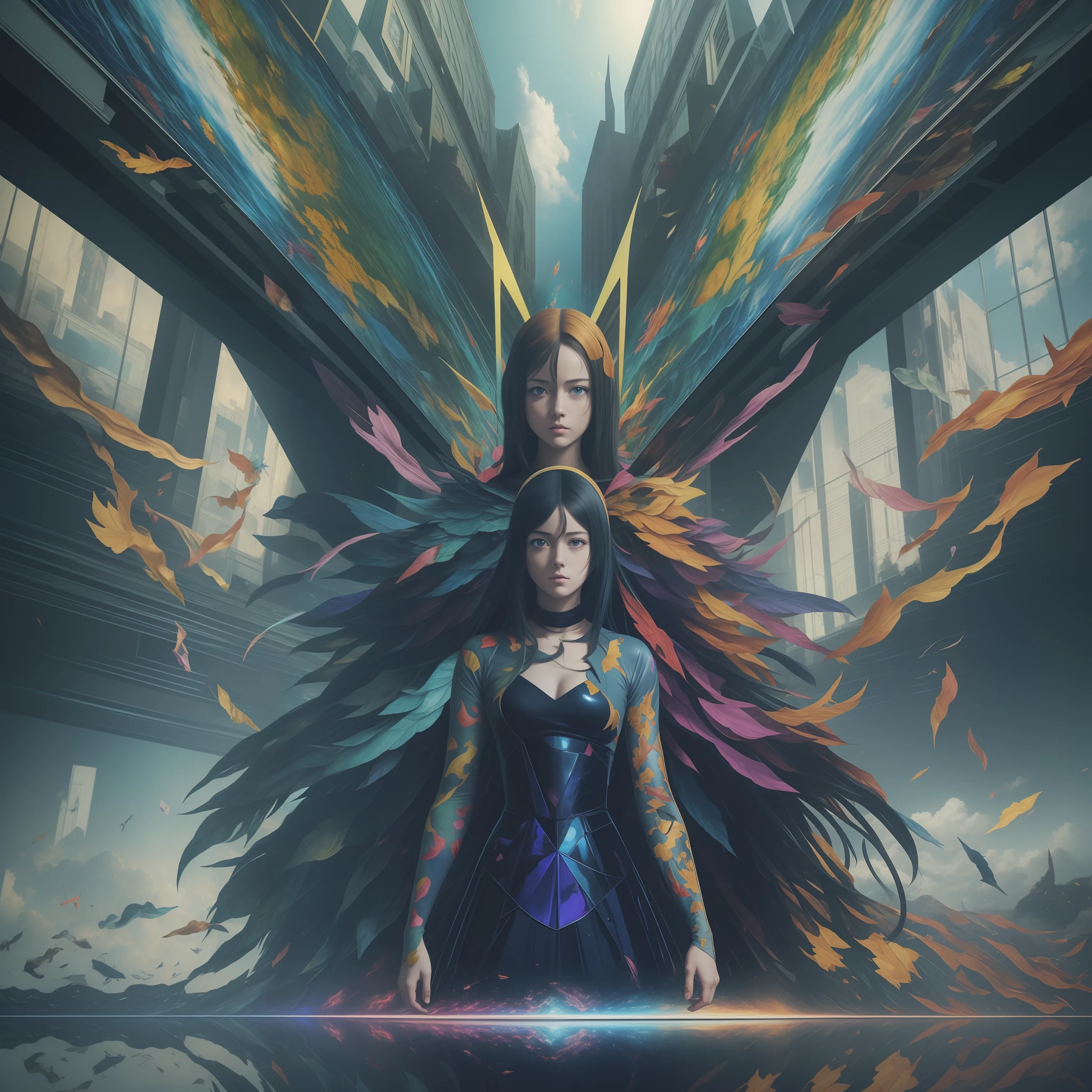 realistic collage anime-painting-photo-film surrealist collage inspired by the works of Raphael,a surrealist composition illustrating modern hell, there are holographic reflections in the background, impression of an image in which the viewer can dive, 8K reflections,kinematic filter, borderless collage