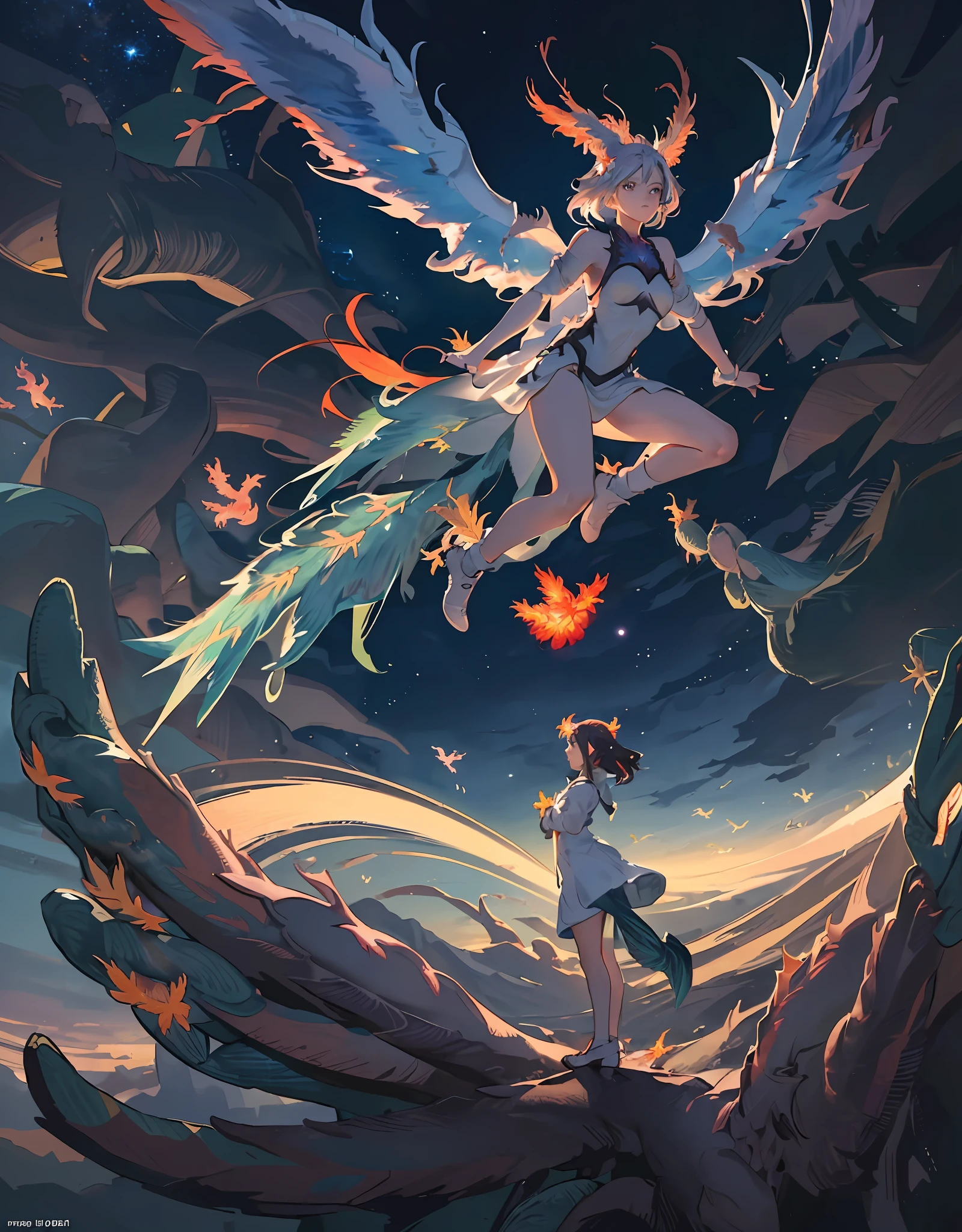 expansive landscape photograph , (a view from below that shows sky above and open field below), a girl standing on flower field looking up, (big Phoenix:2.0), ( shooting stars:0.9), (nebula:1.3), distant mountain, tree BREAK
production art, (warm light source:1.2), (Firefly:1.2), lamp, lot of purple and orange, intricate details, volumetric lighting, realism BREAK
(masterpiece:1.2), (best quality), 4k, ultra-detailed, (dynamic composition:1.4), highly detailed, colorful details,( iridescent colors:1.2), (glowing lighting, atmospheric lighting), dreamy, magical, (solo:1.2)