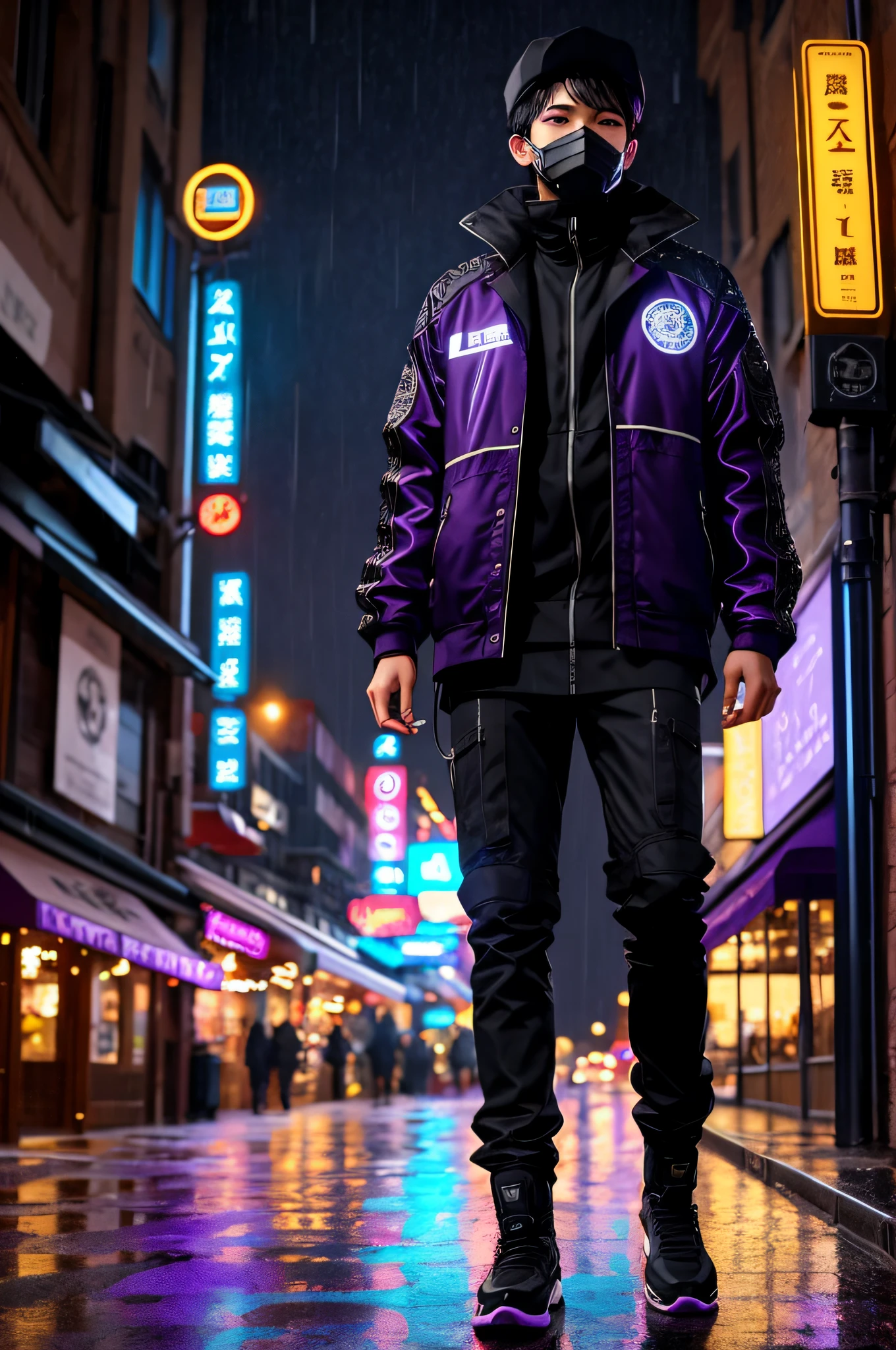 (masterpiece: 1.2, best quality), (real image, intricate details), ray tracing, detailed face, 8k extremely detailed CG unit wallpaper, illustration, 1boy, black hair, black cap, tall body, slim body, bright purple eyes, gas mask covering whole face, tall and slender body, oversized black jacket with purple lights, city landscape, alley, neon lights, low angle camera shot, wide shot, full body shot, raining, night sky, isolated, camera in hand